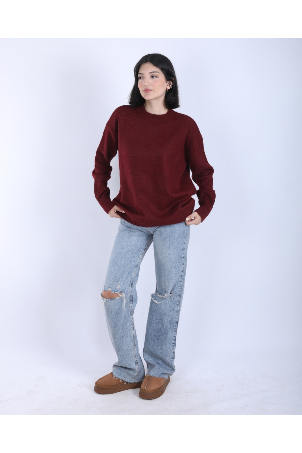 Kadın Bordo Bisiklet Yaka Oversize Salaş Triko kazak
