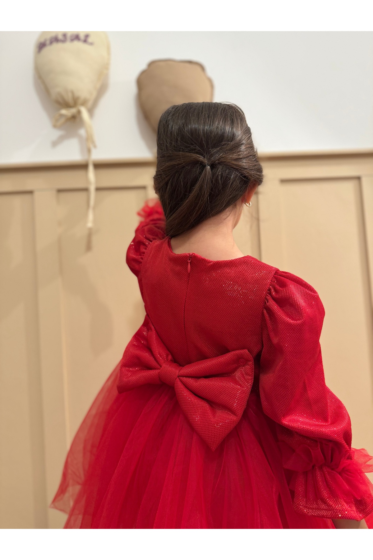 penu baby kids Kırmızı Pırıltı Kumaş Altı Tül Etekli Pamuk Astarlı Fiyonklu Uzun Kol Kız Çocuk Kız Bebek Elbise fotoğrafı 2 (önizleme)