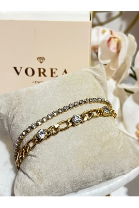 VOREA Jewelry Çelik gold ikili taşlı zincir ve su yolu bileklik