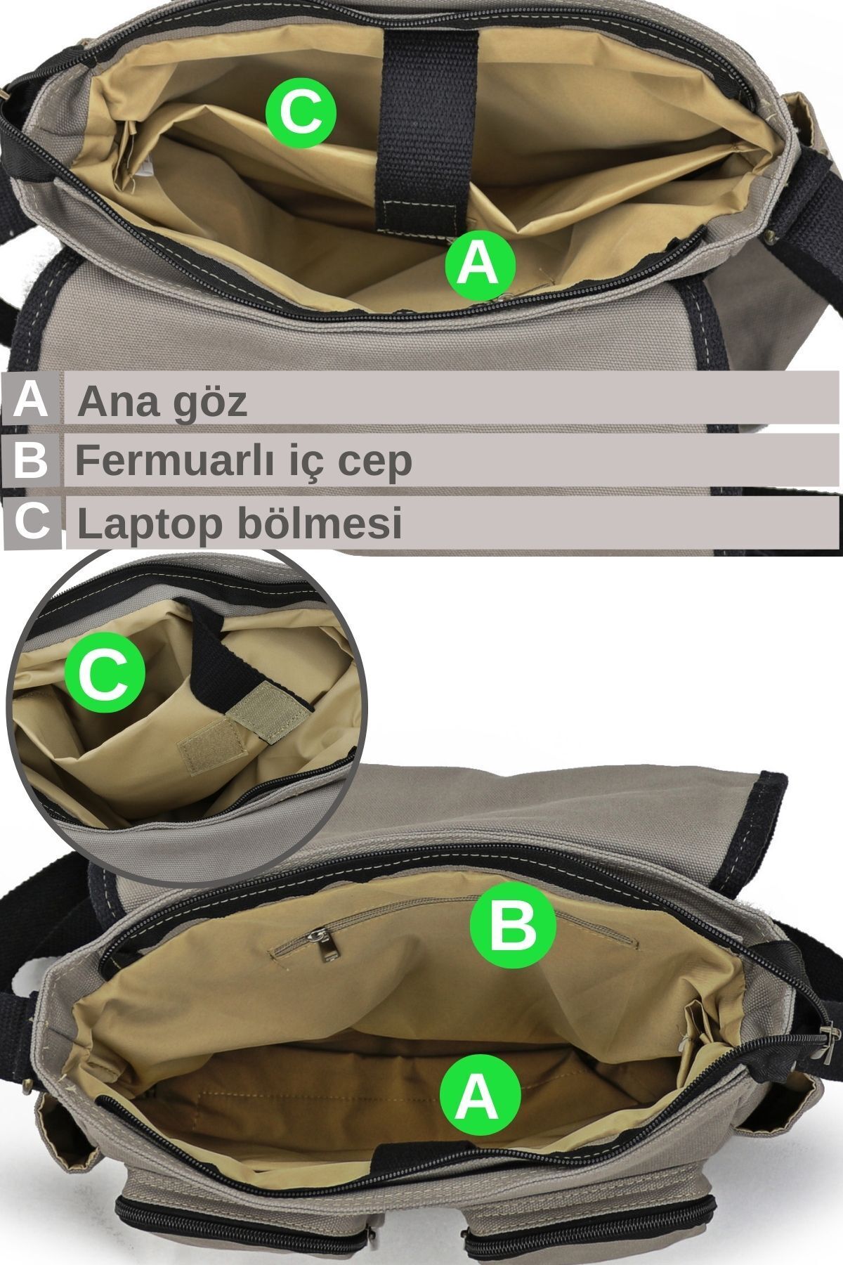 Cappadocia Vintage 4017 Açık Gri 14" Laptop Kanvas Postacı Okul Çantası Unisex Kilitli Çok Cepli Omuz Askılı görsel 3