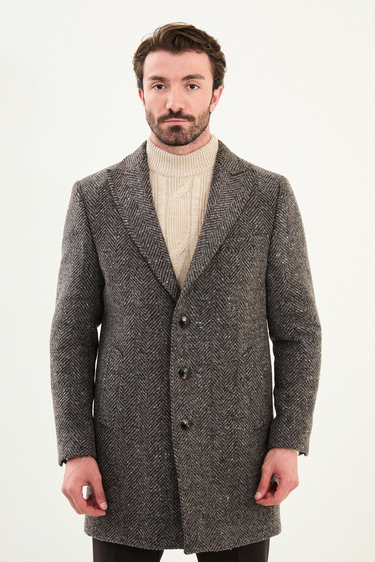 Kırçıllı Slim Fit Geniş Yaka Yün Erkek Kaban Kahve-Gri - 21334.25K — رنگارنگ — تصویر 4 از 6