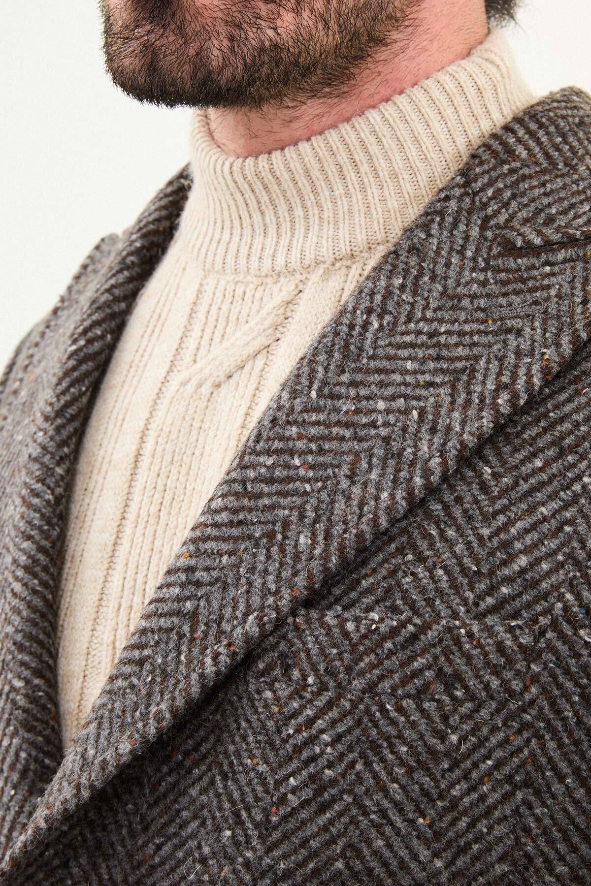 Kırçıllı Slim Fit Geniş Yaka Yün Erkek Kaban Kahve-Gri - 21334.25K — رنگارنگ — تصویر 2 از 6