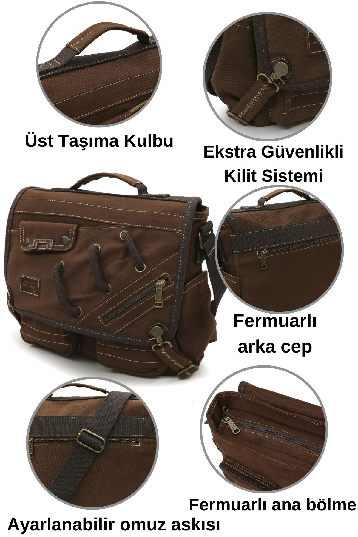 Cappadocia Vintage 4017 Kahverengi 14" Laptop Pamuk Gabardin Postacı Okul Çantası Unisex Kilitli Çok Cepli Omuz Askılı görsel 5