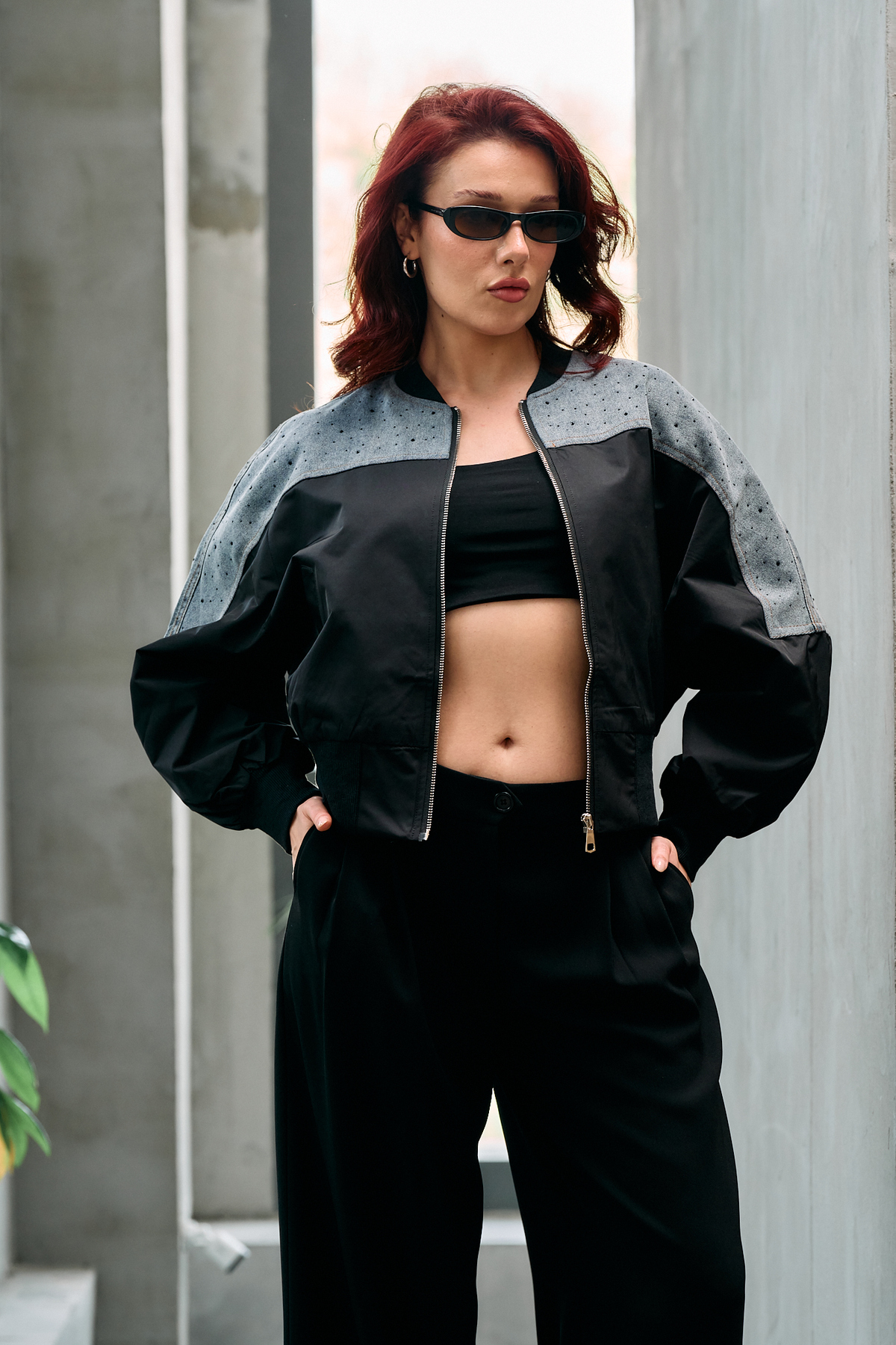 ALOFA Denim Detaylı Taş Baskılı Bomber Ceket görsel 2