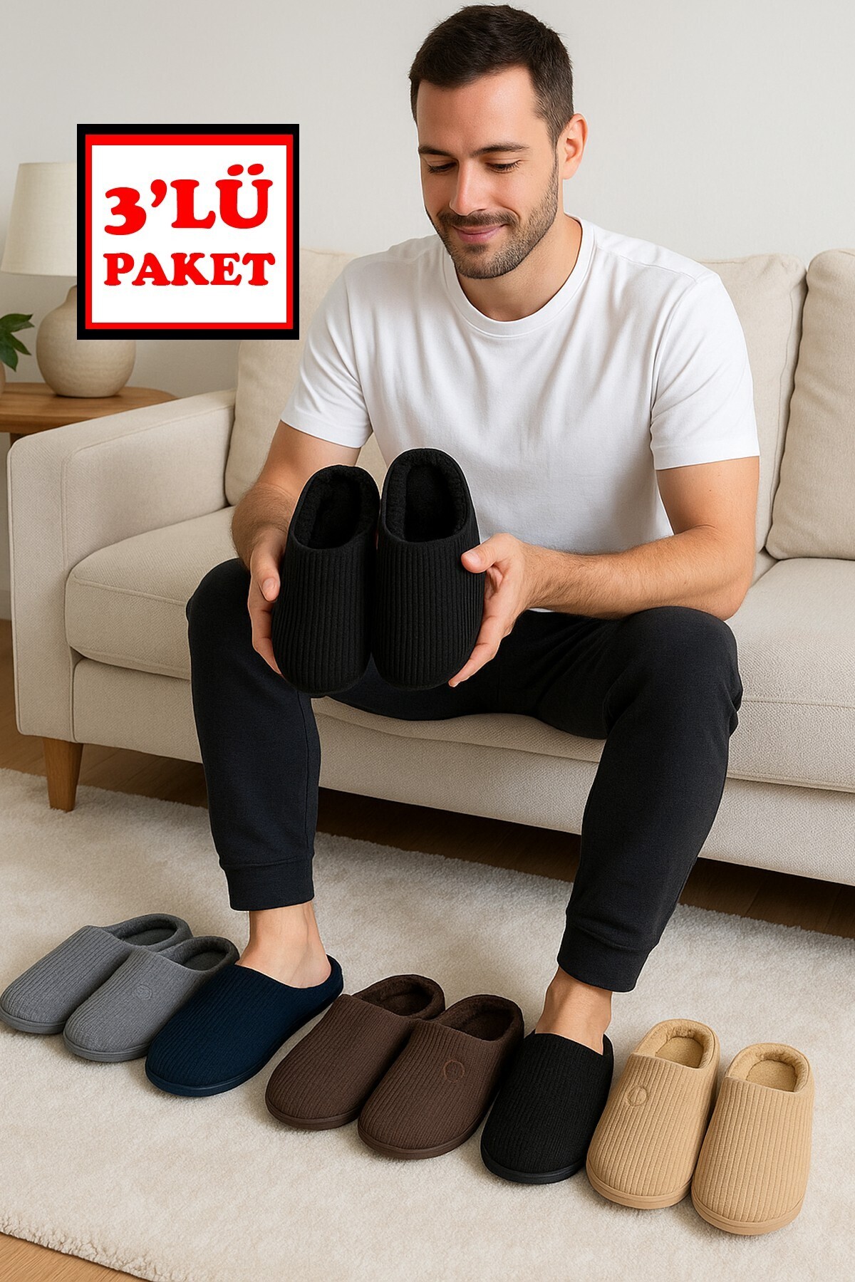 Moda Frato 3'LÜ PAKET VELVET Erkek Terlik Ev Terliği Kışlık Yumuşak Tabanlı