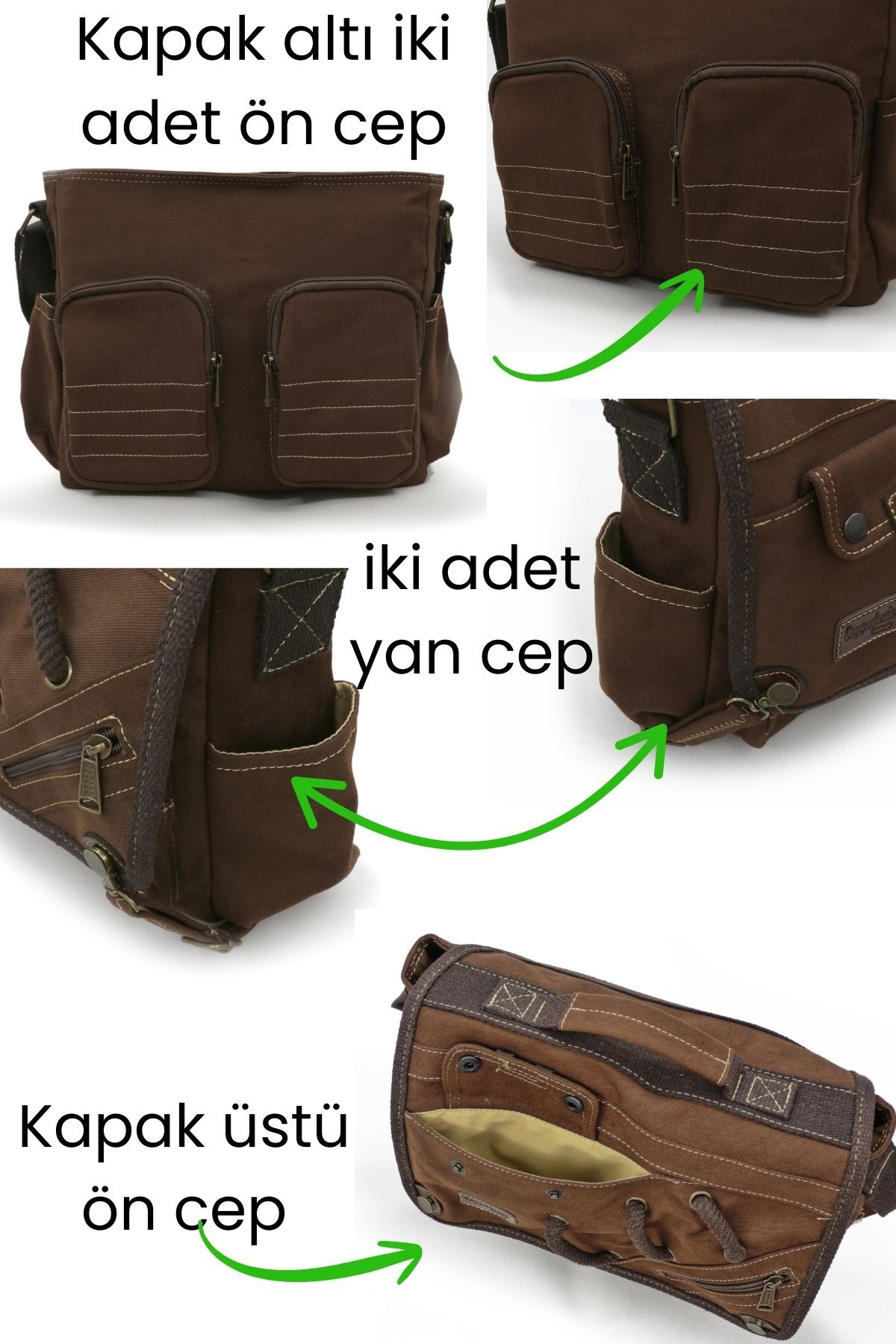 Cappadocia Vintage 4017 Kahverengi 14" Laptop Pamuk Gabardin Postacı Okul Çantası Unisex Kilitli Çok Cepli Omuz Askılı görsel 4