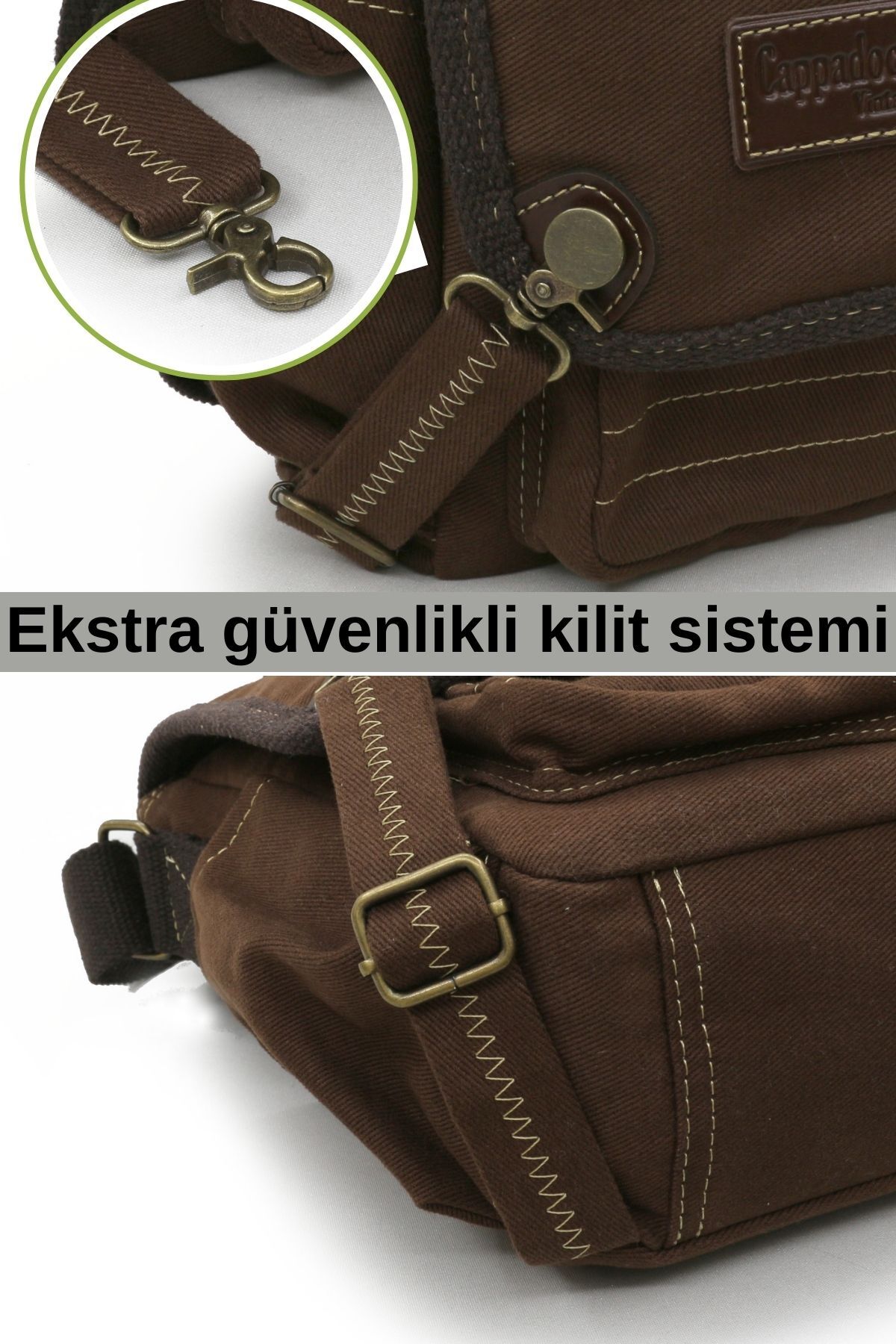 Cappadocia Vintage 4017 Kahverengi 14" Laptop Pamuk Gabardin Postacı Okul Çantası Unisex Kilitli Çok Cepli Omuz Askılı görsel 6