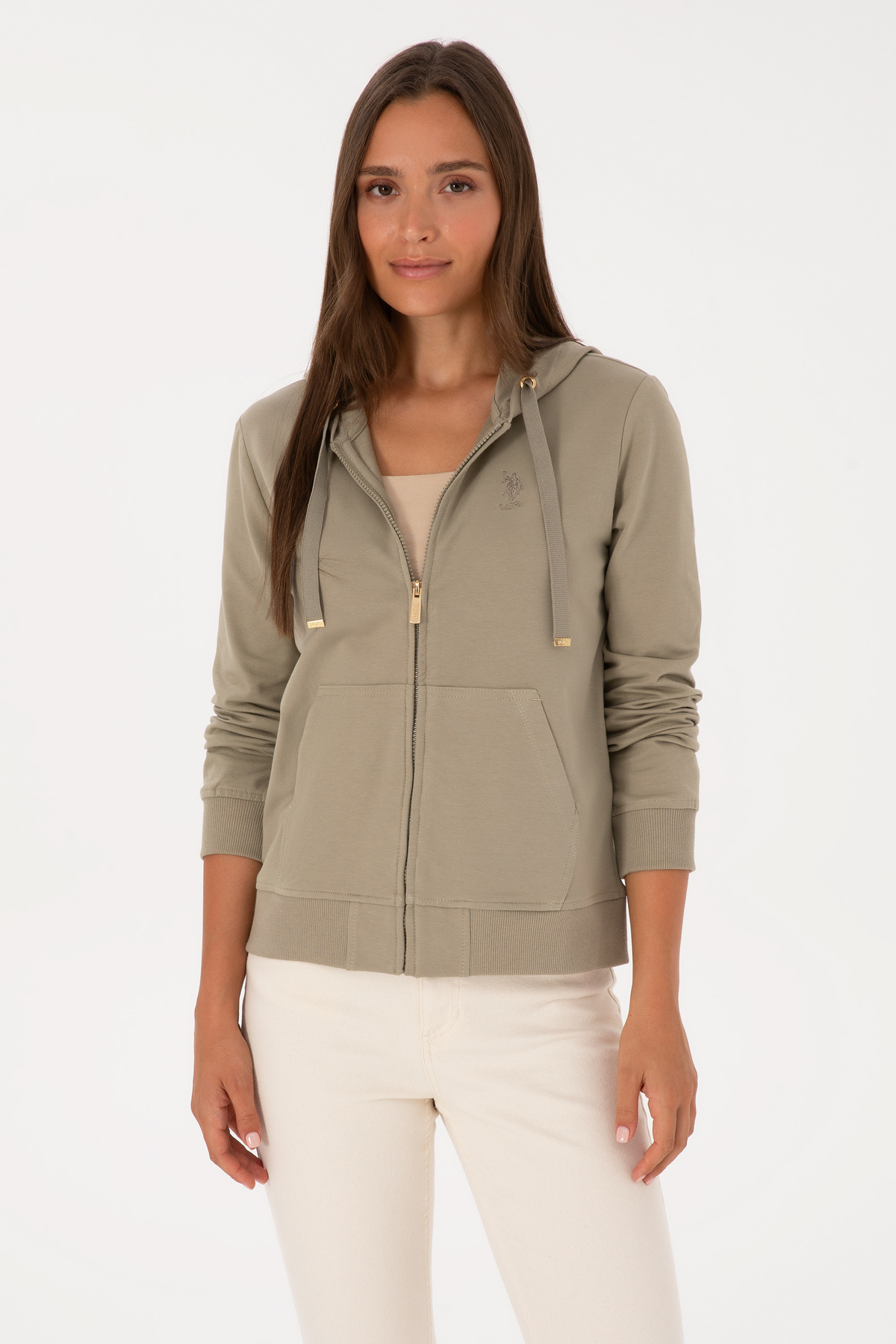 U.S. Polo Assn. Kadın Açık Haki Fermuarlı Kapüşonlu Sweatshırt 50313594-VR183