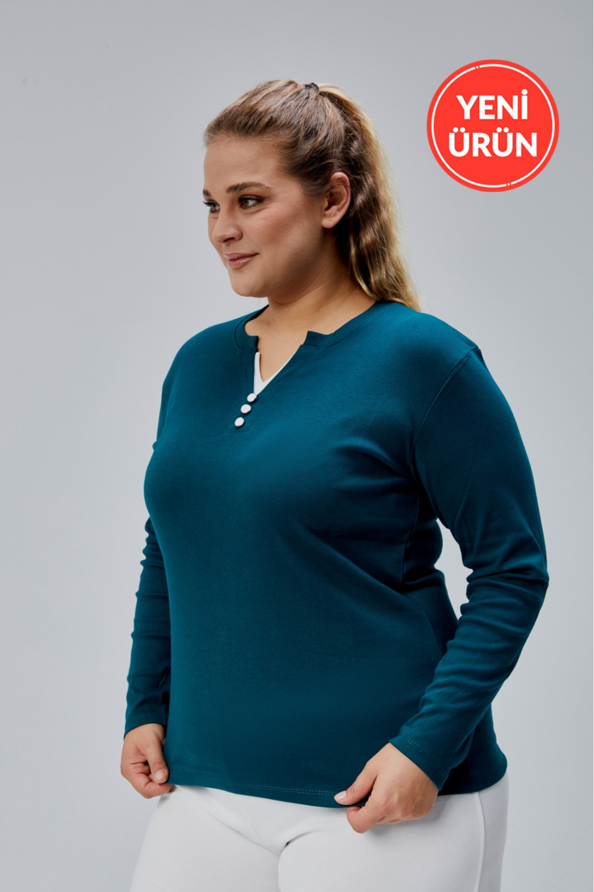 BANEGA Curve Büyük Beden %100 Pamuklu Likralı Bisiklet Yaka Basic Düz Uzun Kol Yeşil Bluz