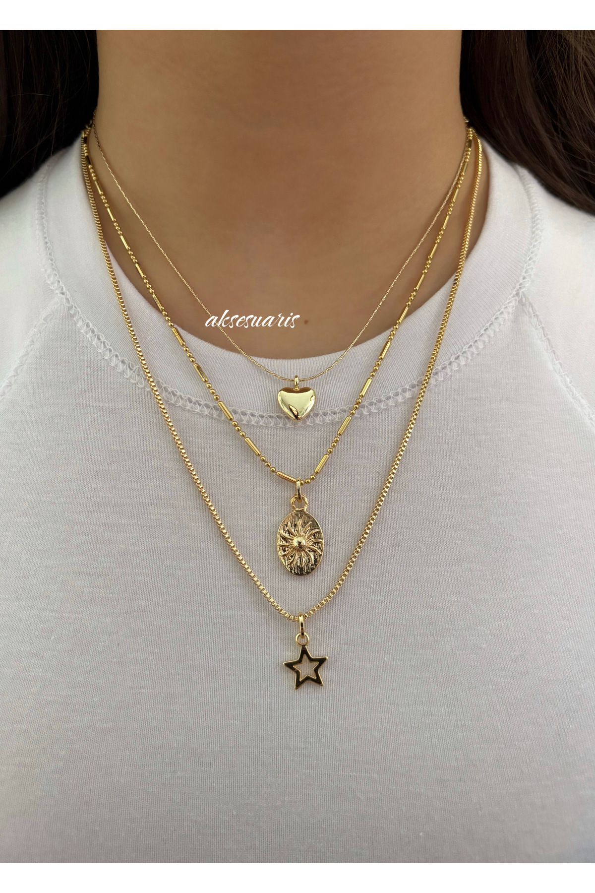 aksesuaris  3'lü Desenli Zincirli Gold Kalp Yıldız Kadın Kolye Set Kombin - Görsel 5