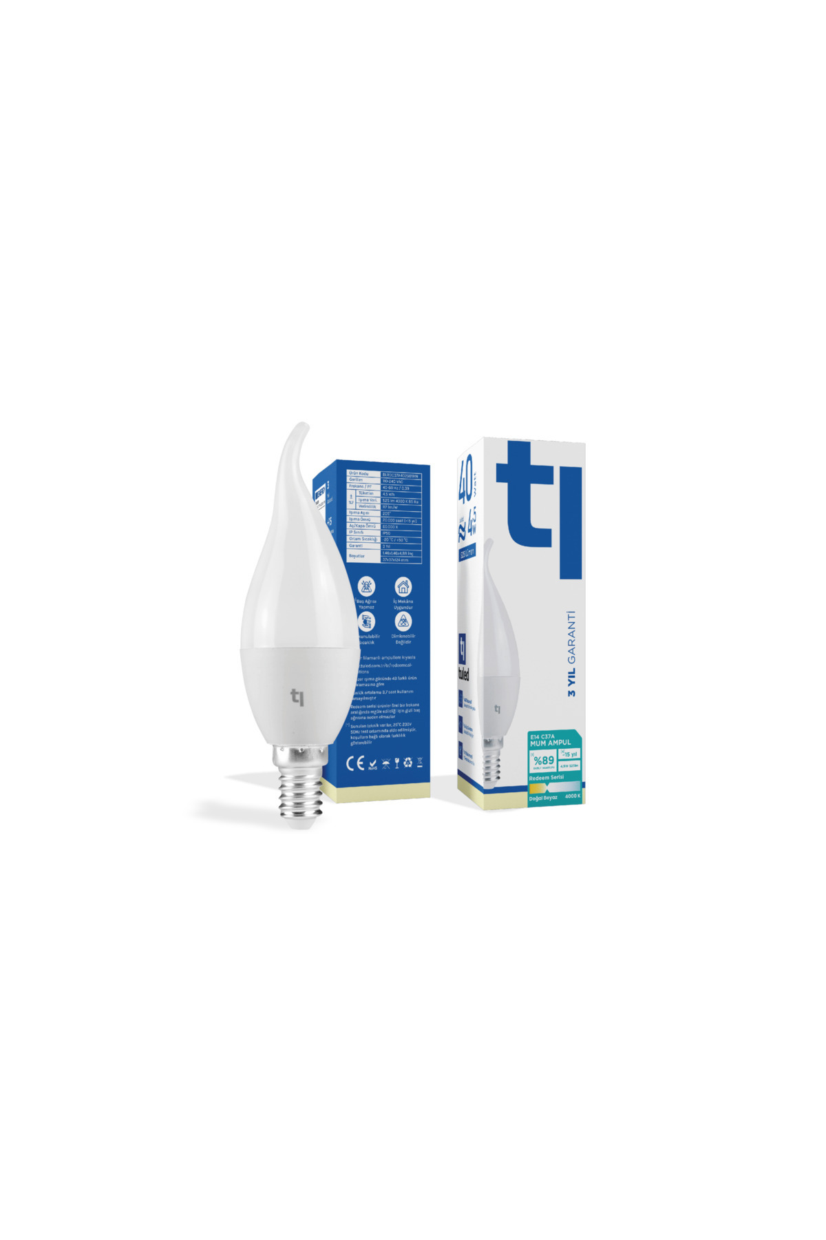 Tuled Redeem C37A E14 Mum Ampul, Titreşimsiz, Göz Konforu, 525 Lümen, Doğal Beyaz, 4000 Kelvin