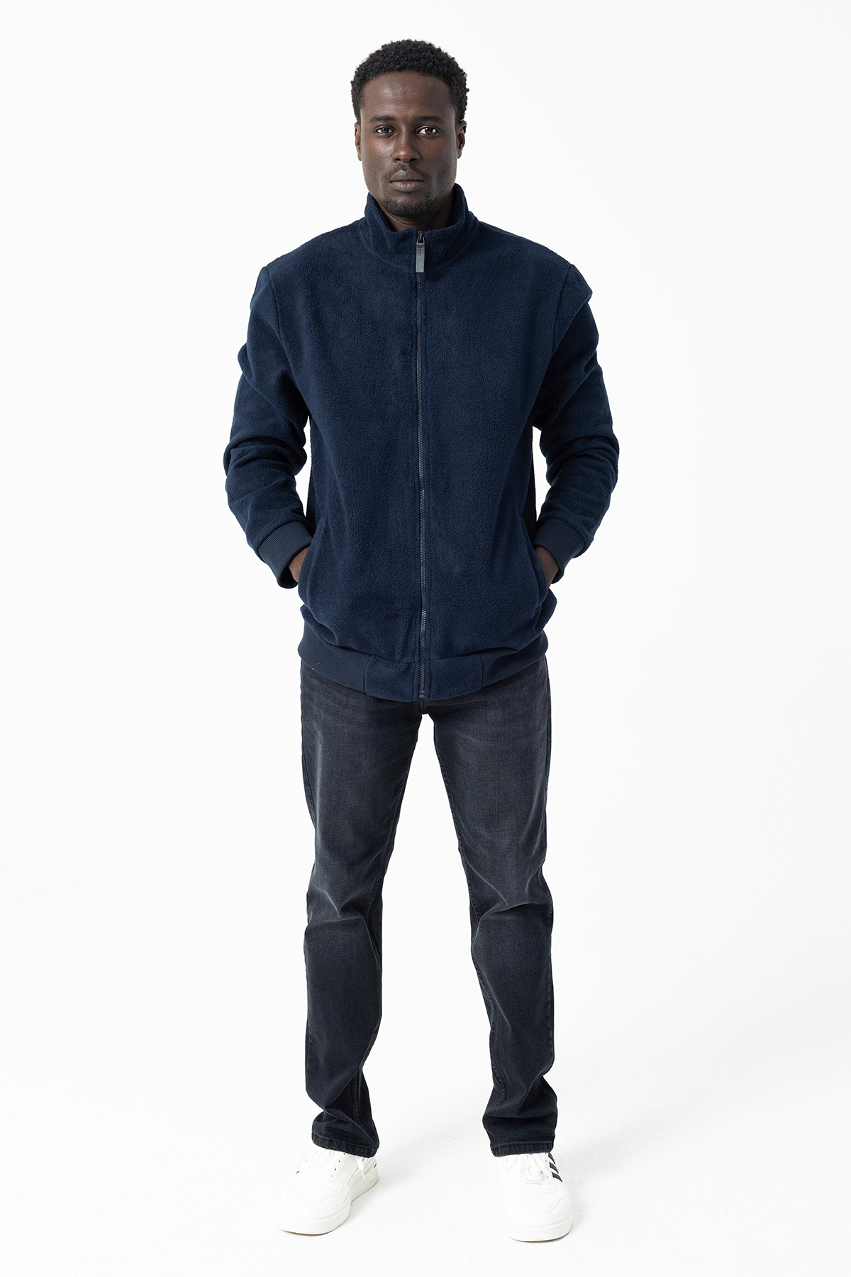 JB John Borners Men's Stand Collar Zippered Double Pocket Sweatshirt Navy Blue - 25K 6083