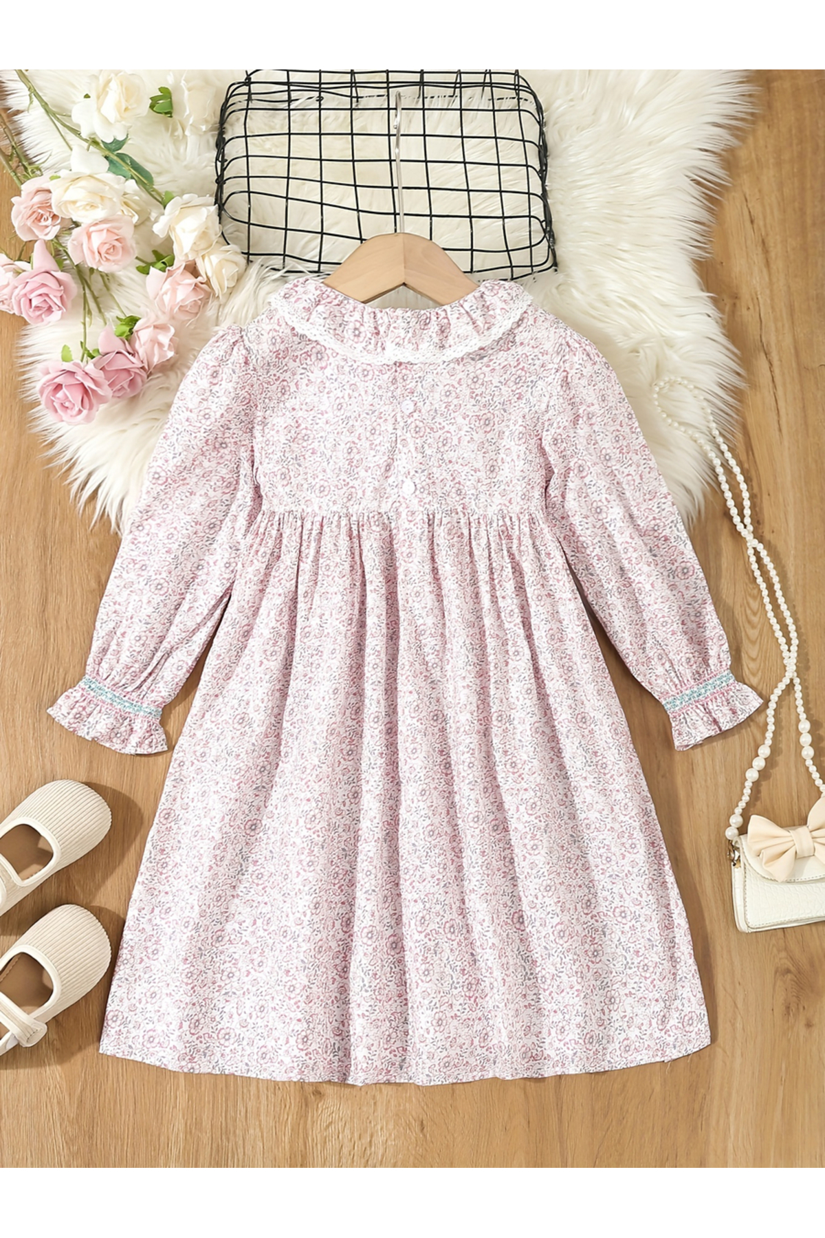 Styli Girls Pink Floral Print Cotton Smocked Detail Dress