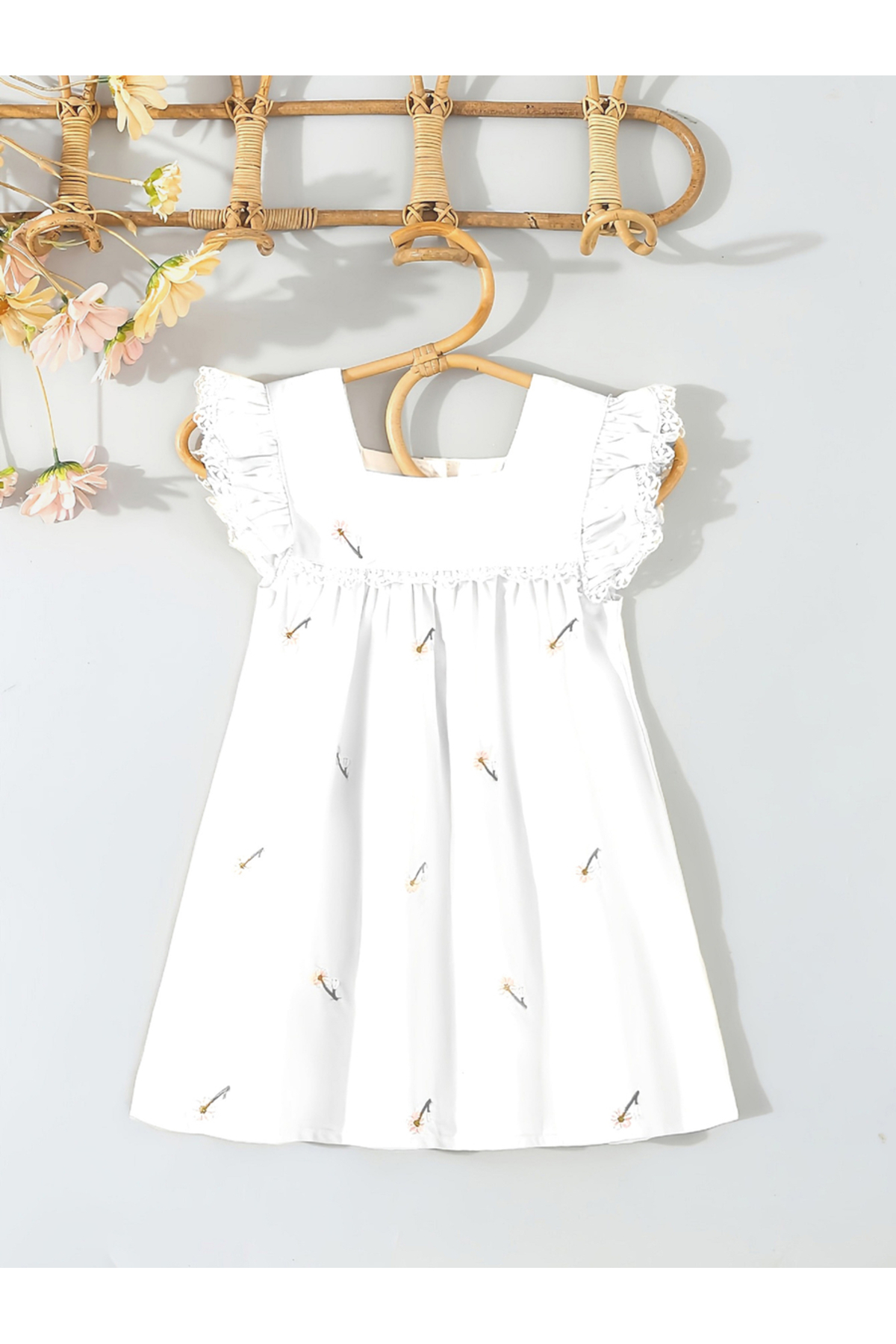 Styli Girls White Cotton Embroidered Lace Trim Dress