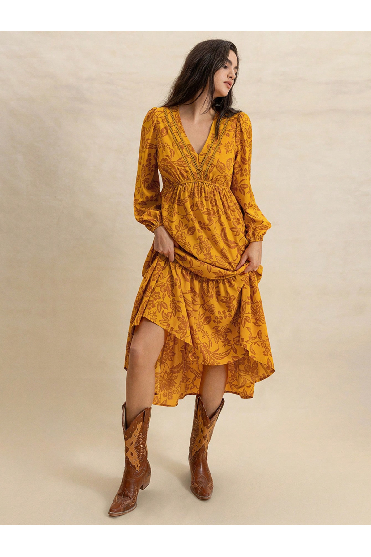 Styli Floral Midi Dress with Long Sleeves