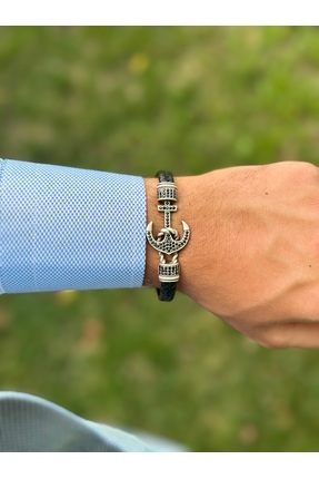 Genel Markalar Erkek bileklik Zirkon İşlemeli Çapa Figürlü Hakiki Deri Bileklik