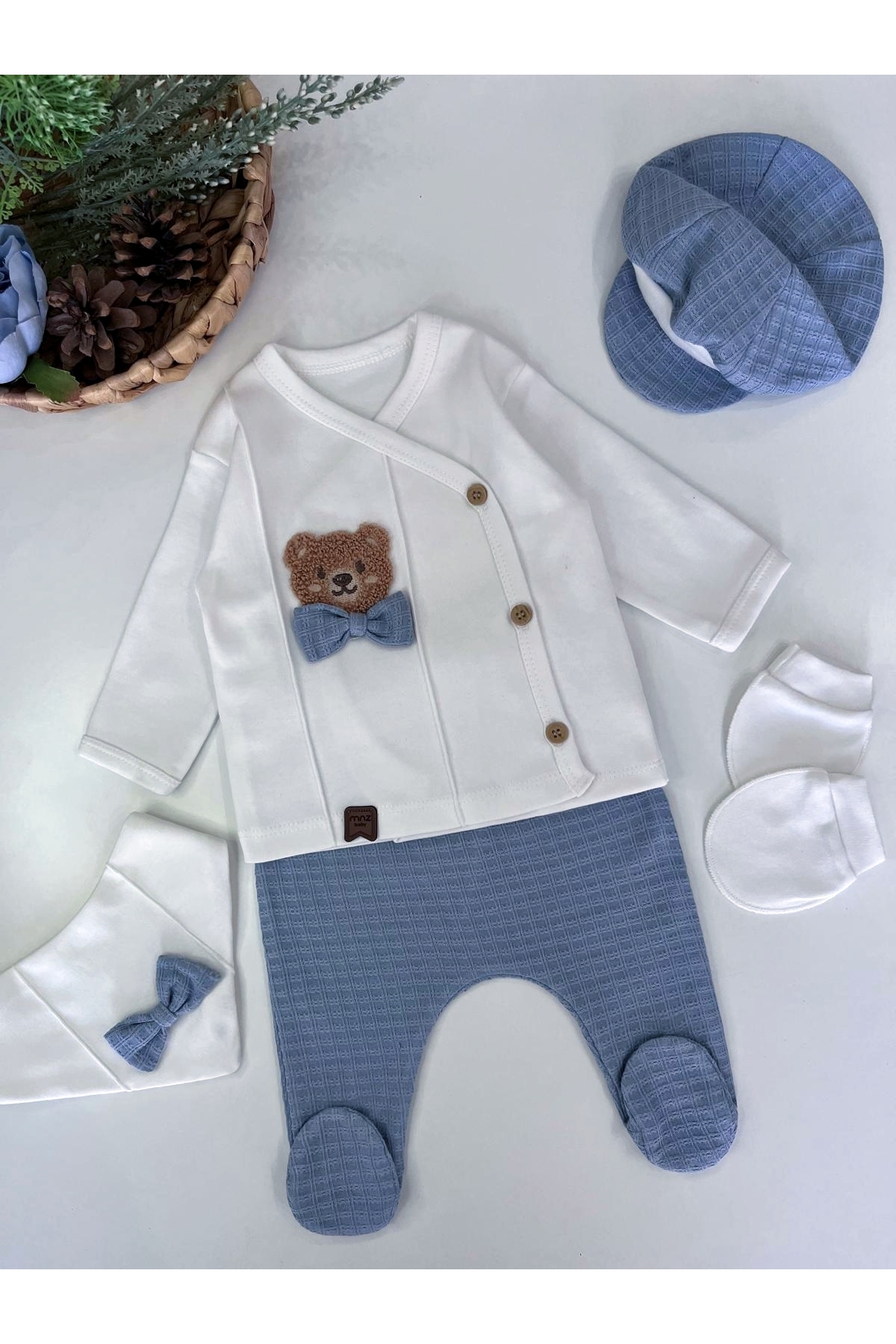 GizaKids %100 Pamuk Erkek Bebek Yenidoğan 5 Parça Hastane Çıkışı Set fotoğrafı 2 (önizleme)