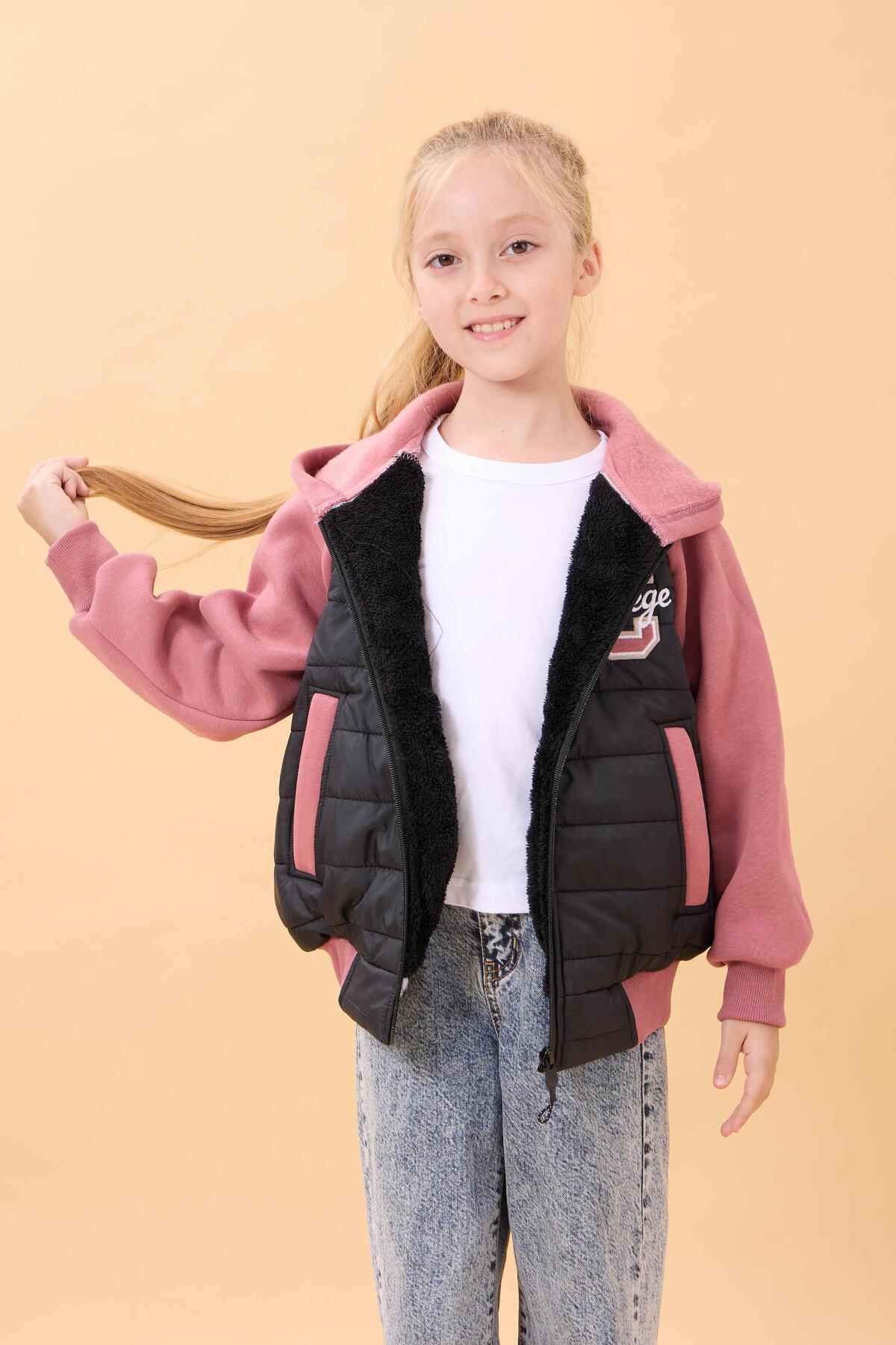 Perendi Kız Çocuk İçi Peluşlu Kapüşonlu Kapitone Kolej Ceket – Siyah fotoğrafı 2 (önizleme)