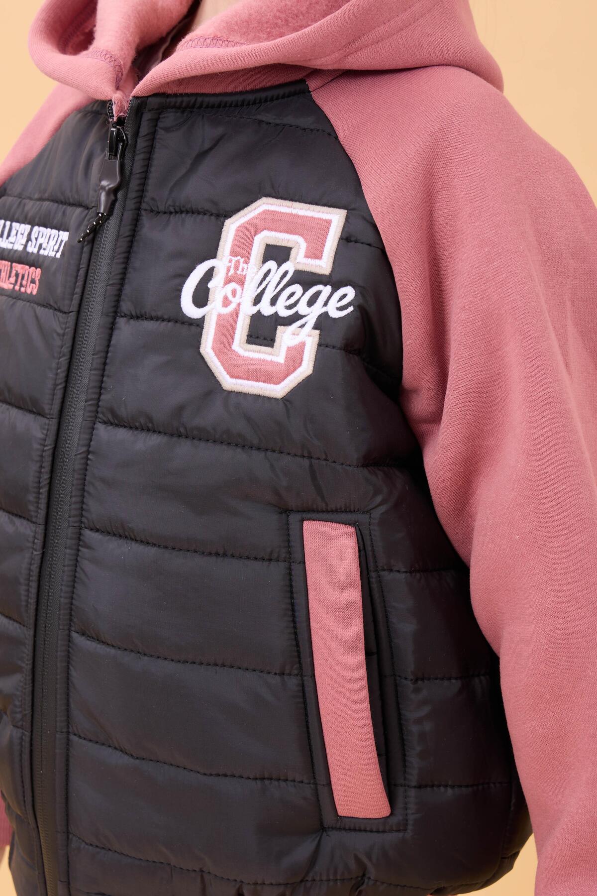 Perendi Kız Çocuk İçi Peluşlu Kapüşonlu Kapitone Kolej Ceket – Siyah fotoğrafı 6 (önizleme)