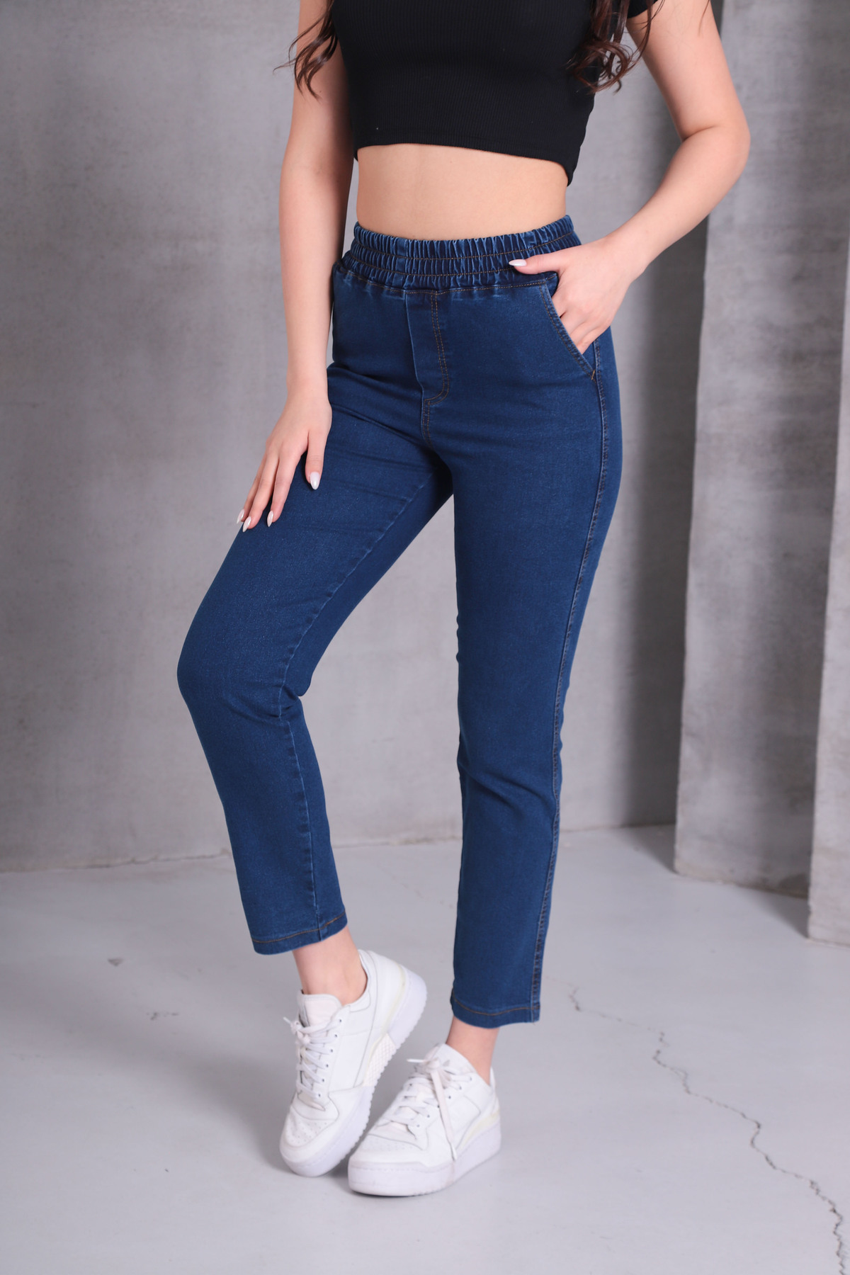 Genel Markalar  Koyu Mavi Kadın Kot Pantolon Beli Lastikli Yüksek Bel Likralı Toparlayıcı Büyük-Küçük Beden Jeans - Görsel 4