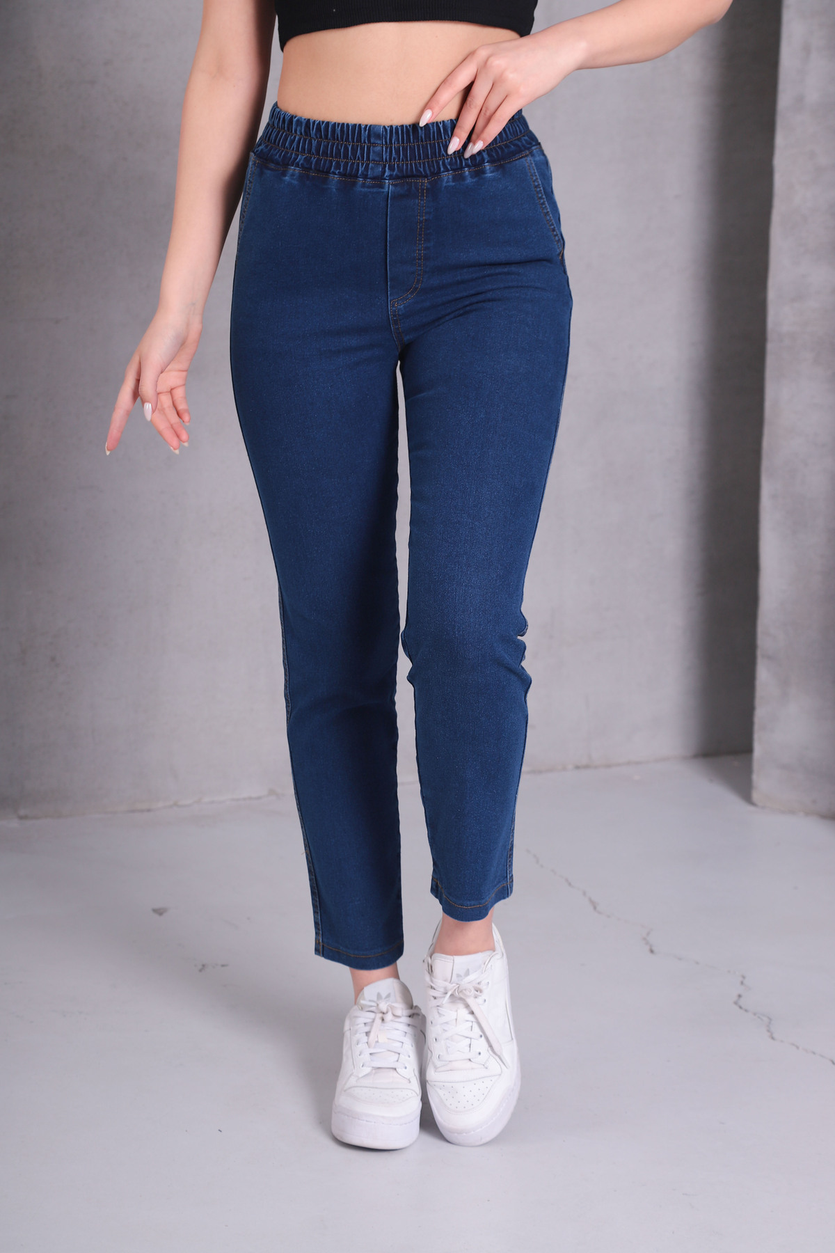 Genel Markalar  Koyu Mavi Kadın Kot Pantolon Beli Lastikli Yüksek Bel Likralı Toparlayıcı Büyük-Küçük Beden Jeans