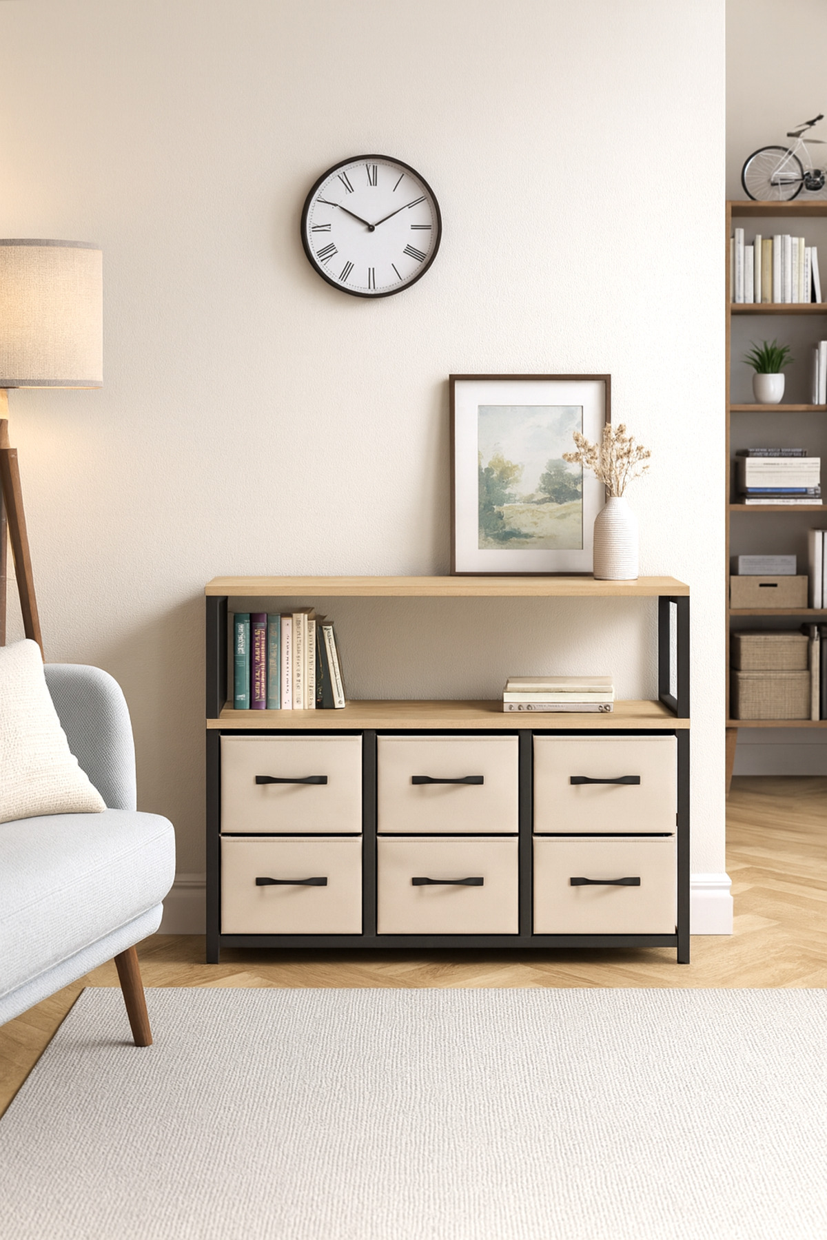 moniev 2 Raflı 6 Çekmeceli Konsol Kitaplık Deri Çekmeceli Çocuk Odası Organizer