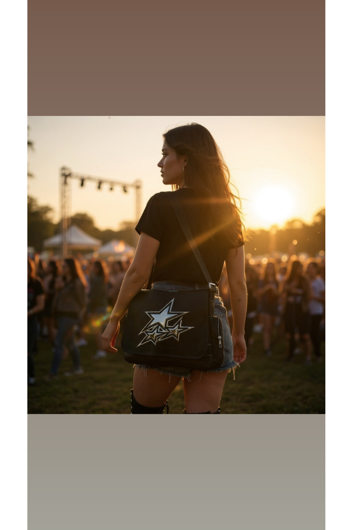DEEFWEAR Star Baskılı Postacı Çanta/ Bag Ayarlanbilir Kemer ve Fermurlı Cepler