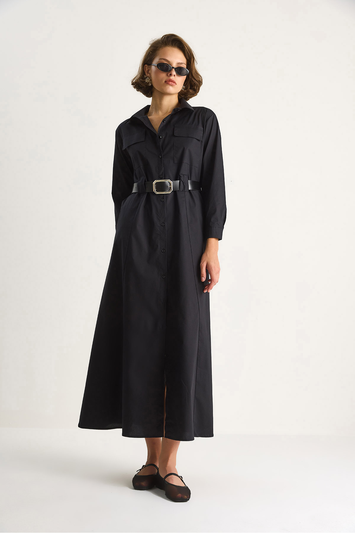 Bianco Lucci  Kadın Düğme Kapamalı Cep Detaylı Kemerli Gömlek Elbise 60284073 - Görsel 3