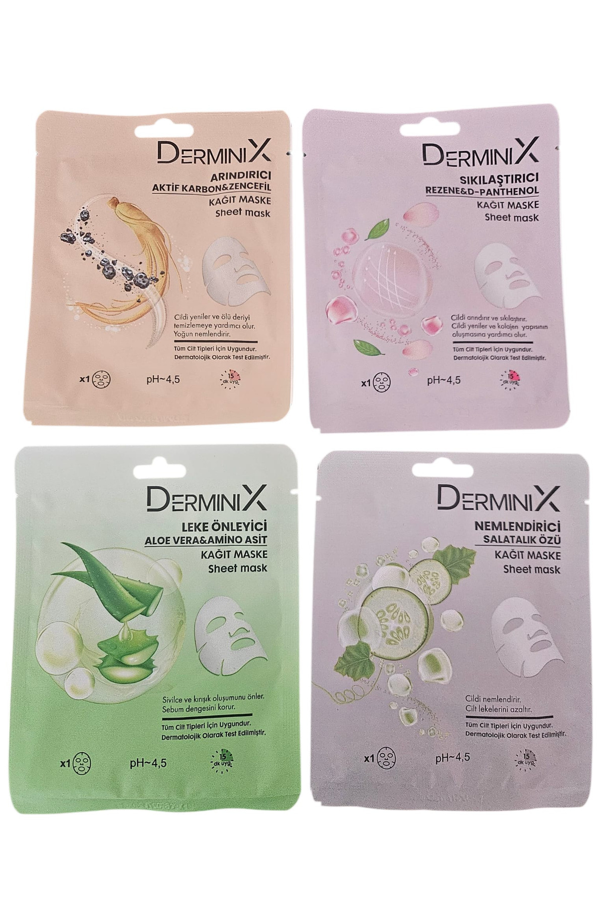Shem derminix leke önleyici,arındırıcı,sıkılaştırıcı,nemlendirici 4ADET yüz maskesi