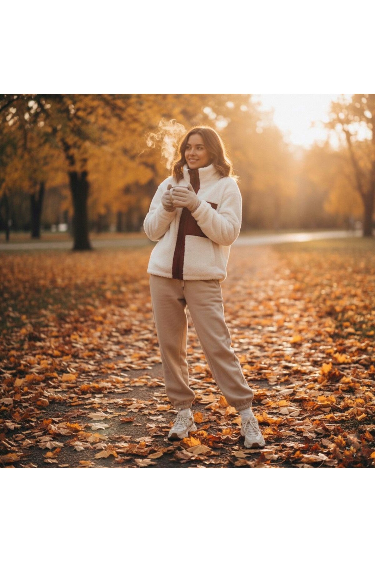 Grenj Fashion  Bordo Garni Detaylı Ekru Peluş Örme Spor Ceket - Görsel 5