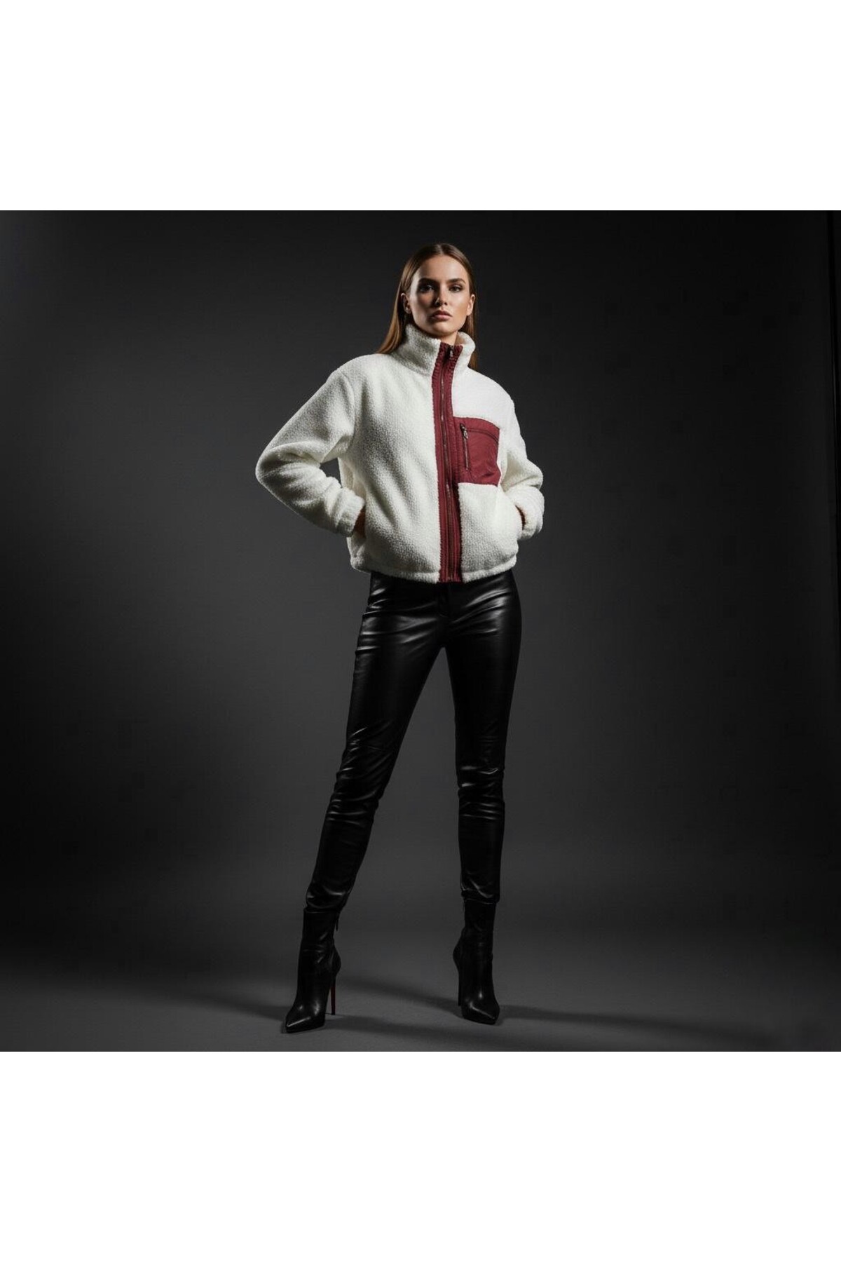 Grenj Fashion  Bordo Garni Detaylı Ekru Peluş Örme Spor Ceket - Görsel 3