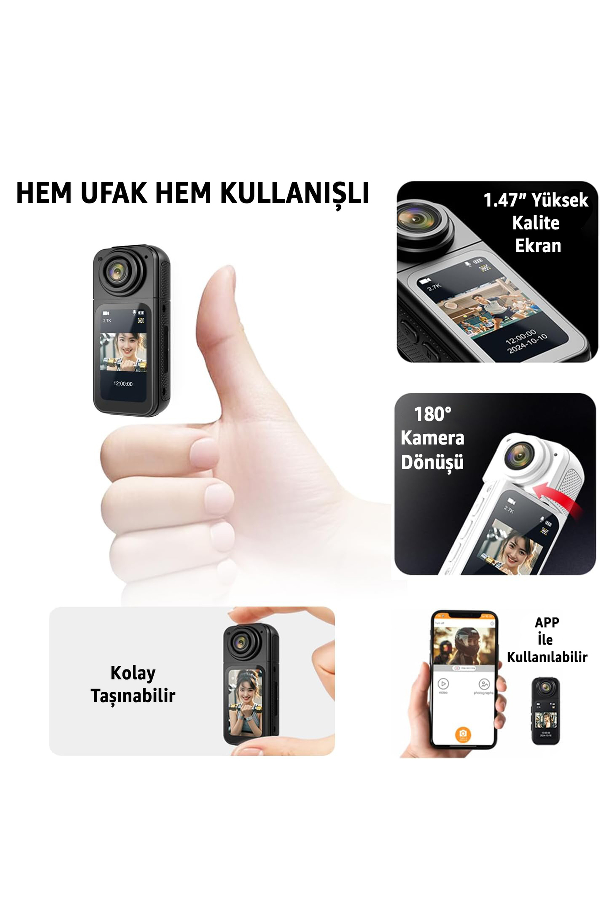 Resim ROBEVE Mini Taşınabilir Aksiyon Kamera - 2.7K Ultra HD, 180° Döner Lens, 1.47″ HD Ekran, Mıknatıslı 