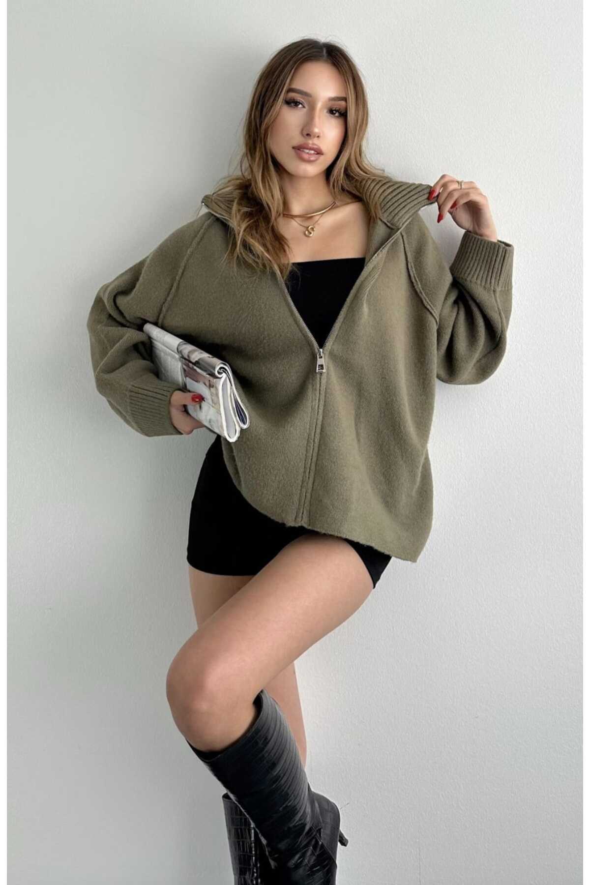 yeditepe fashion  Fermuarlı Elit İplik Dazy Hırka Haki - Görsel 5