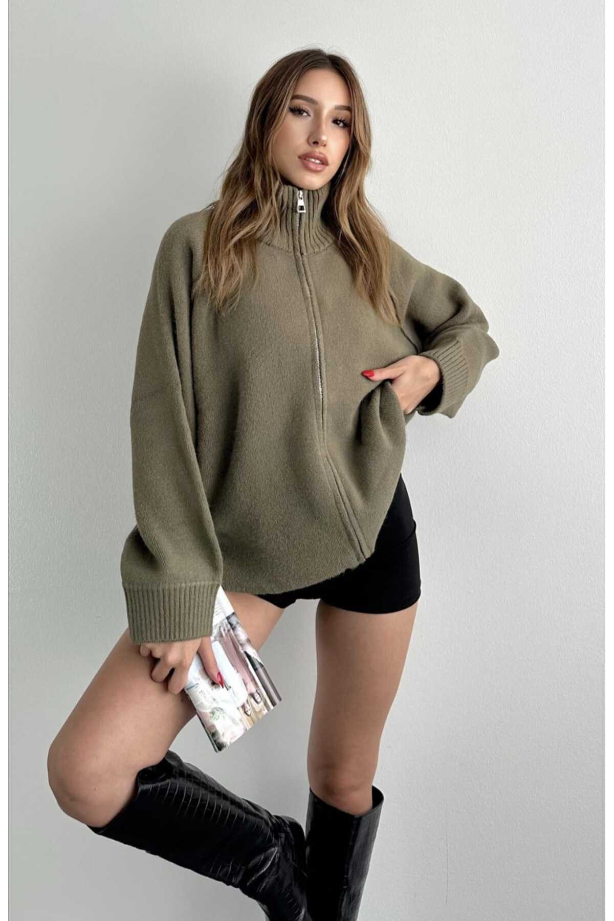 yeditepe fashion  Fermuarlı Elit İplik Dazy Hırka Haki - Görsel 6