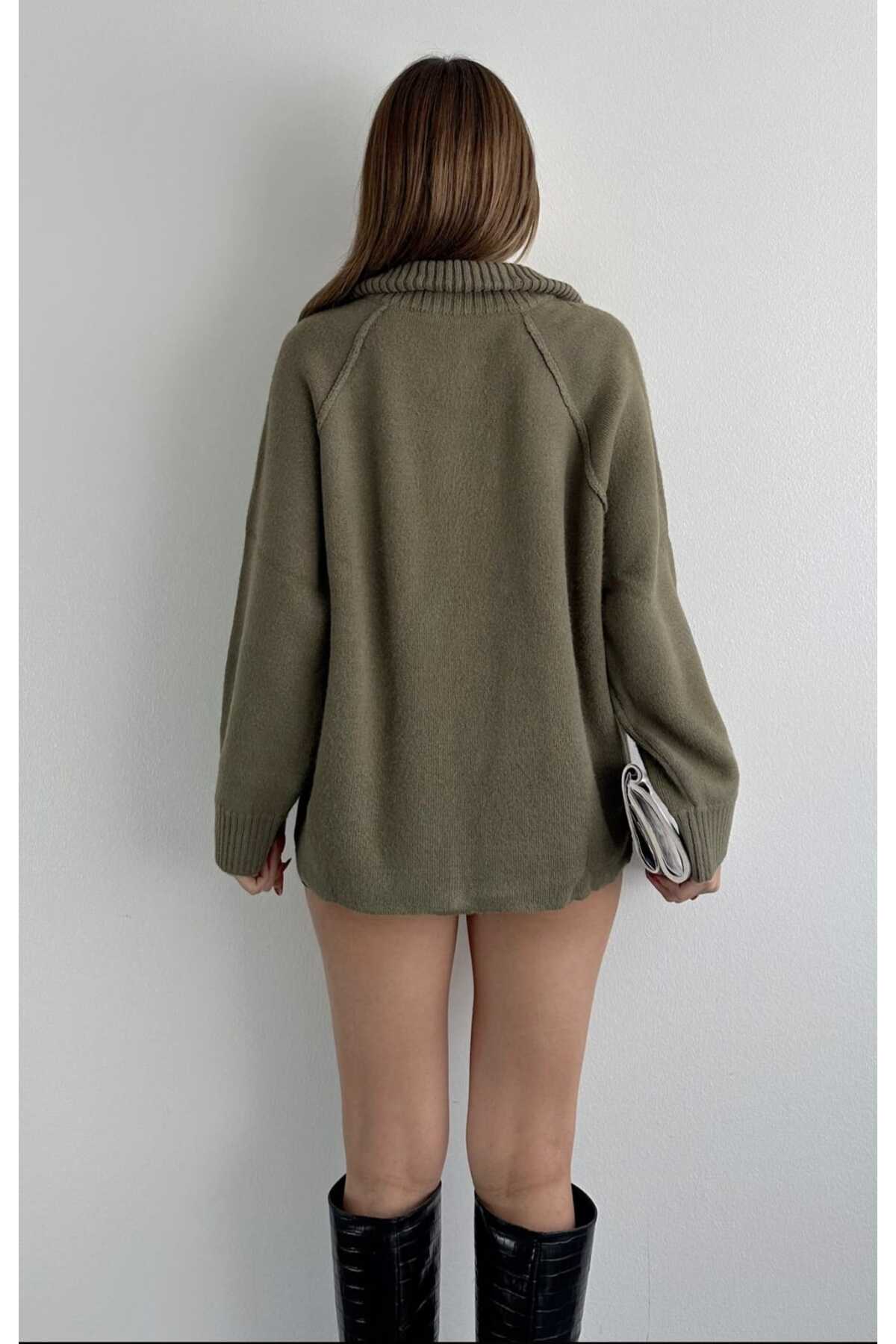 yeditepe fashion  Fermuarlı Elit İplik Dazy Hırka Haki - Görsel 7