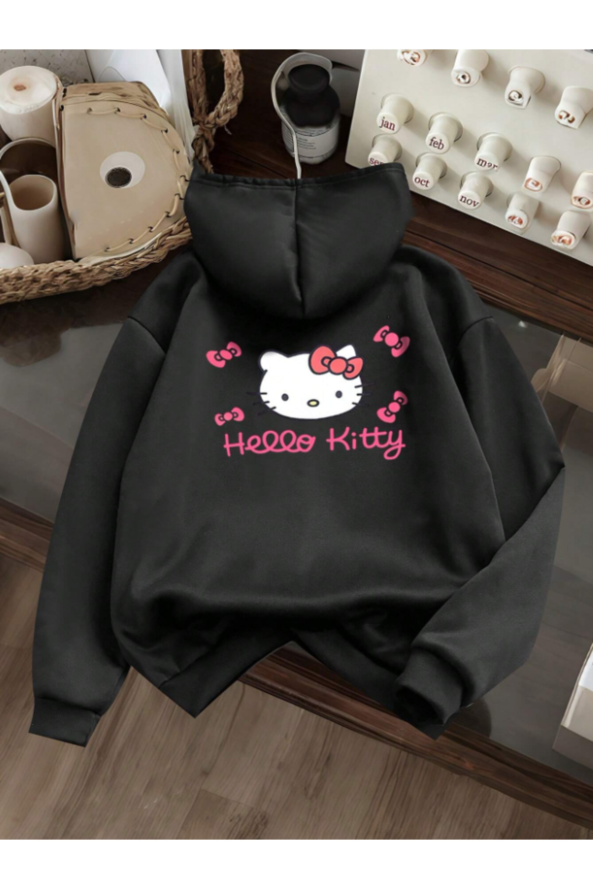 Revasser  KOPYA - Unisex Erkek/Kadın HELLO KITTY Renkli Özel Baskılı Pamuklu Oversize Kapüşonlu Sweatshirt - Görsel 3