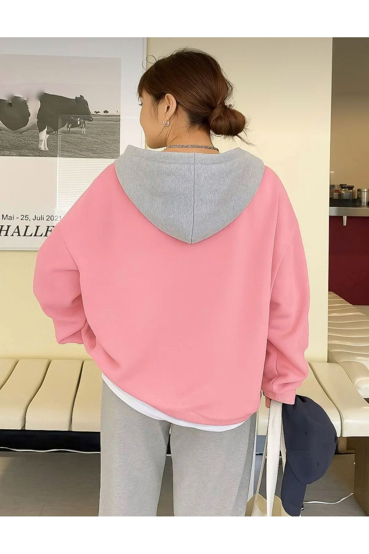 LOUİSA  Kadın Kapşonu Gri Detaylı Pembe Fermuarlı Sweatshirt Hırka - Görsel 2