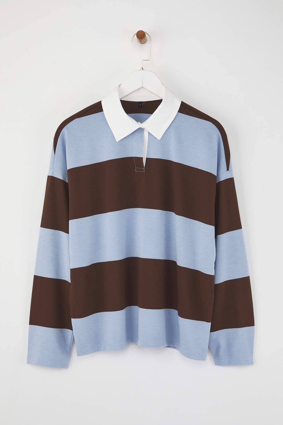 Trendyolmilla  Kahverengi Çizgili Polo Yaka Oversize/Geniş Kalıp Örme Sweatshirt TWOAW26SW00051 - Görsel 5