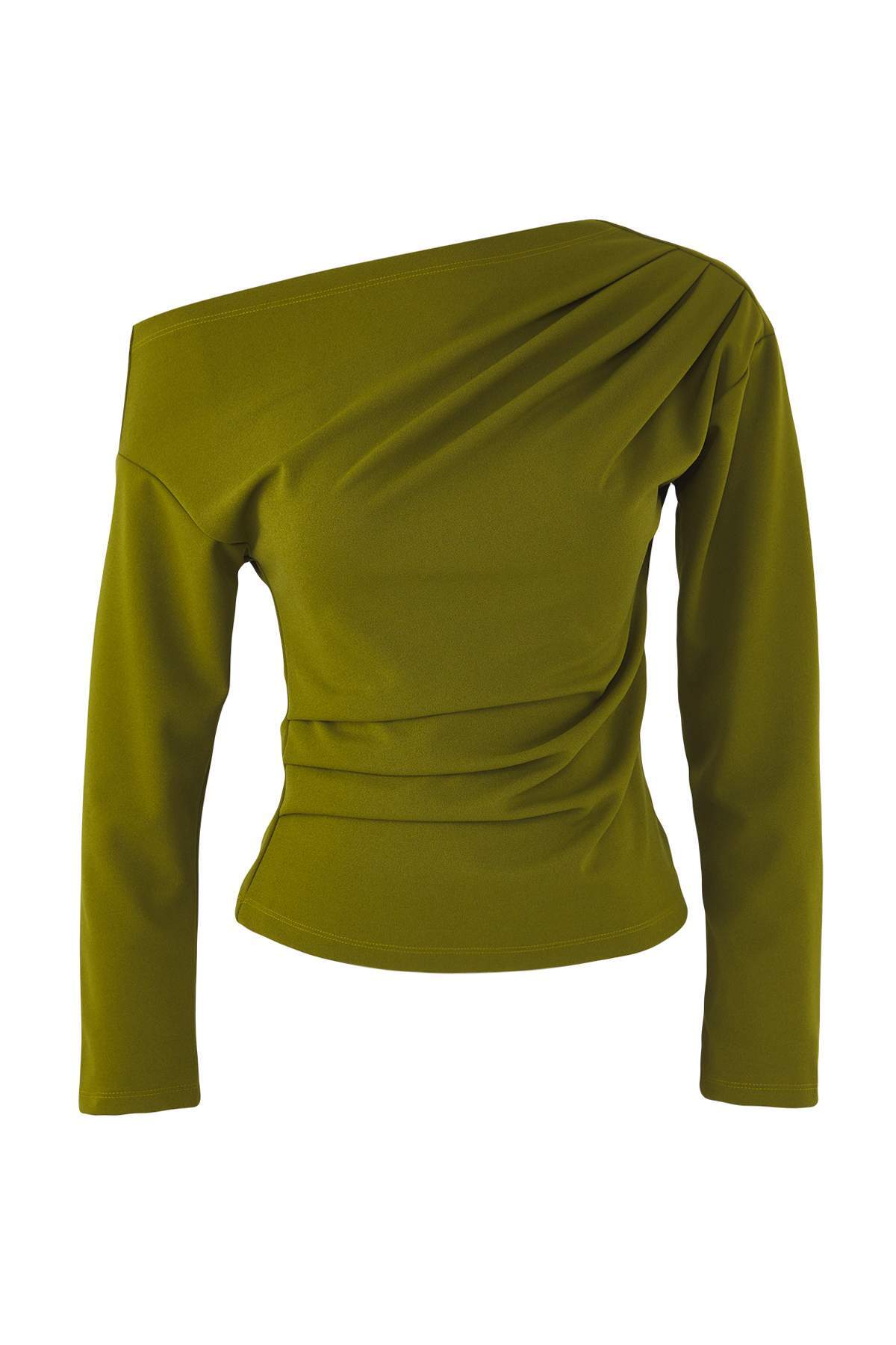 Trendyolmilla  Yağ Yeşili Büzgü/Drape Detaylı Dökümlü Asimetrik Yaka Örme Bluz TWOAW26BZ00138 - Görsel 3