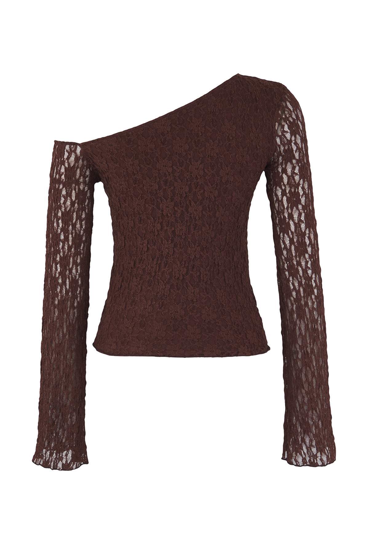 Trendyolmilla  Kahverengi Dantel Asimetrik Yaka Fitted/Vücuda Oturan Örme Bluz TWOAW26BZ00036 - Görsel 8