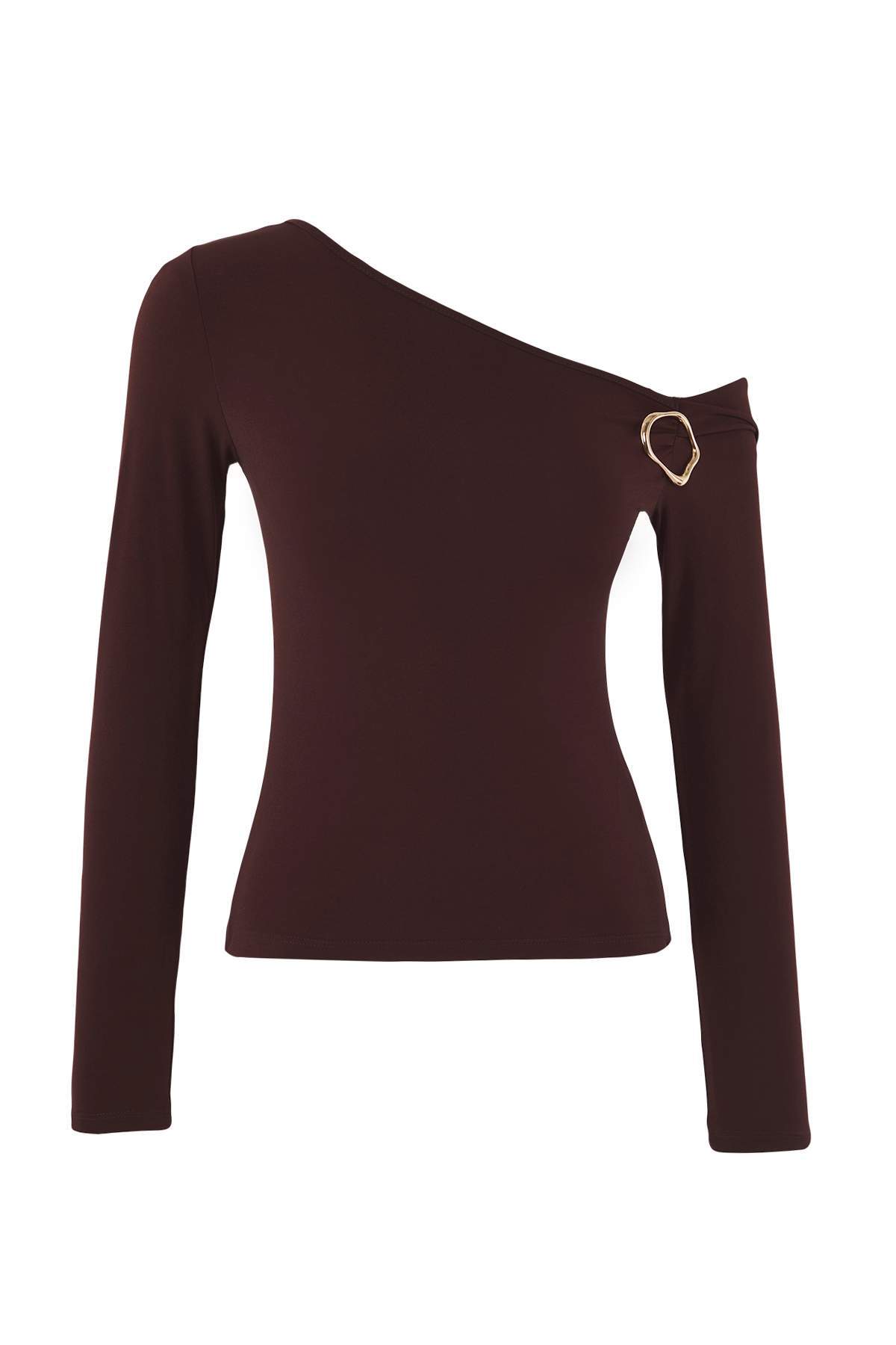 Trendyolmilla  Kahverengi Fitted/Vücuda oturan Aksesuar Detaylı Asimetrik Yaka Esnek Örme Bluz TWOAW26BZ00075 - Görsel 7