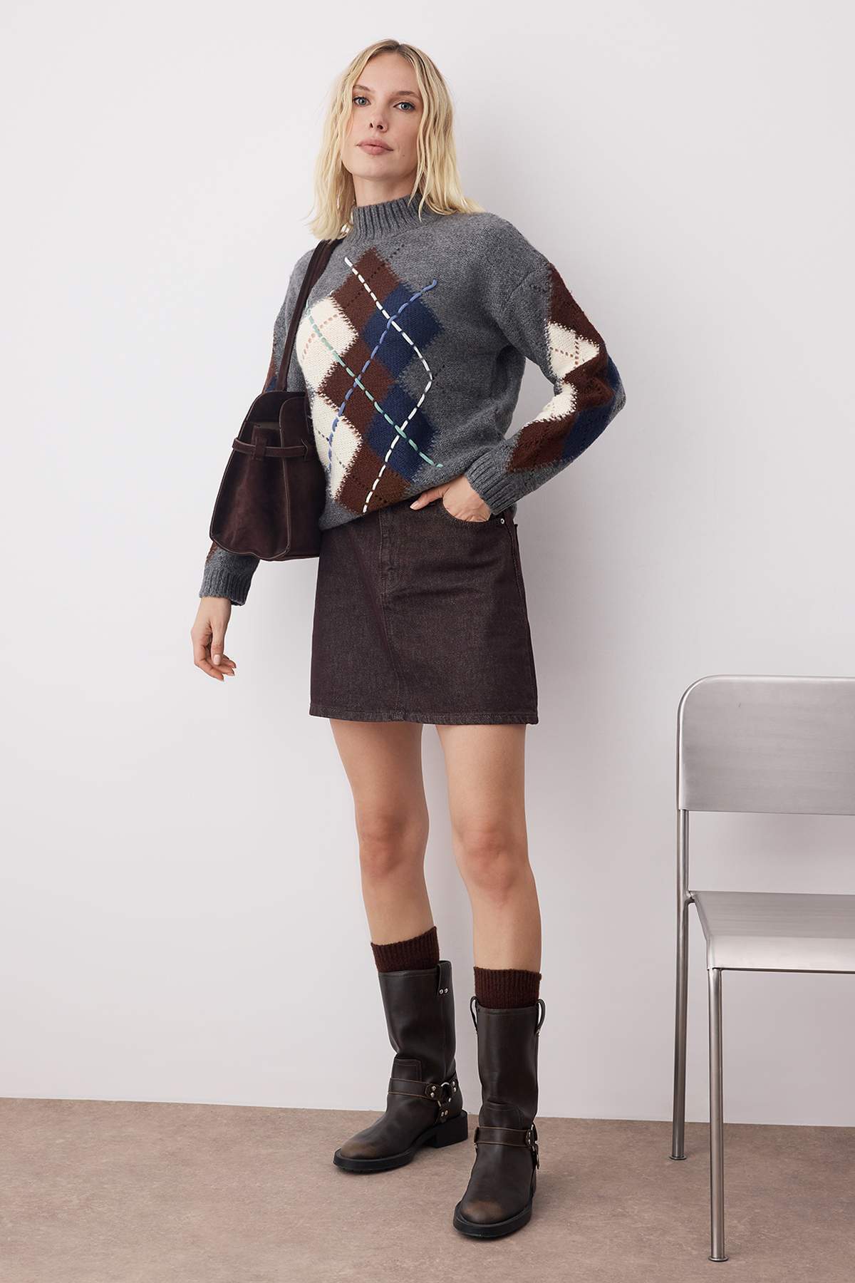 Trendyolmilla  Koyu Gri Baklava Desenli Yumuşak Dokulu Triko Kazak TWOAW26KZ00235 - Görsel 2