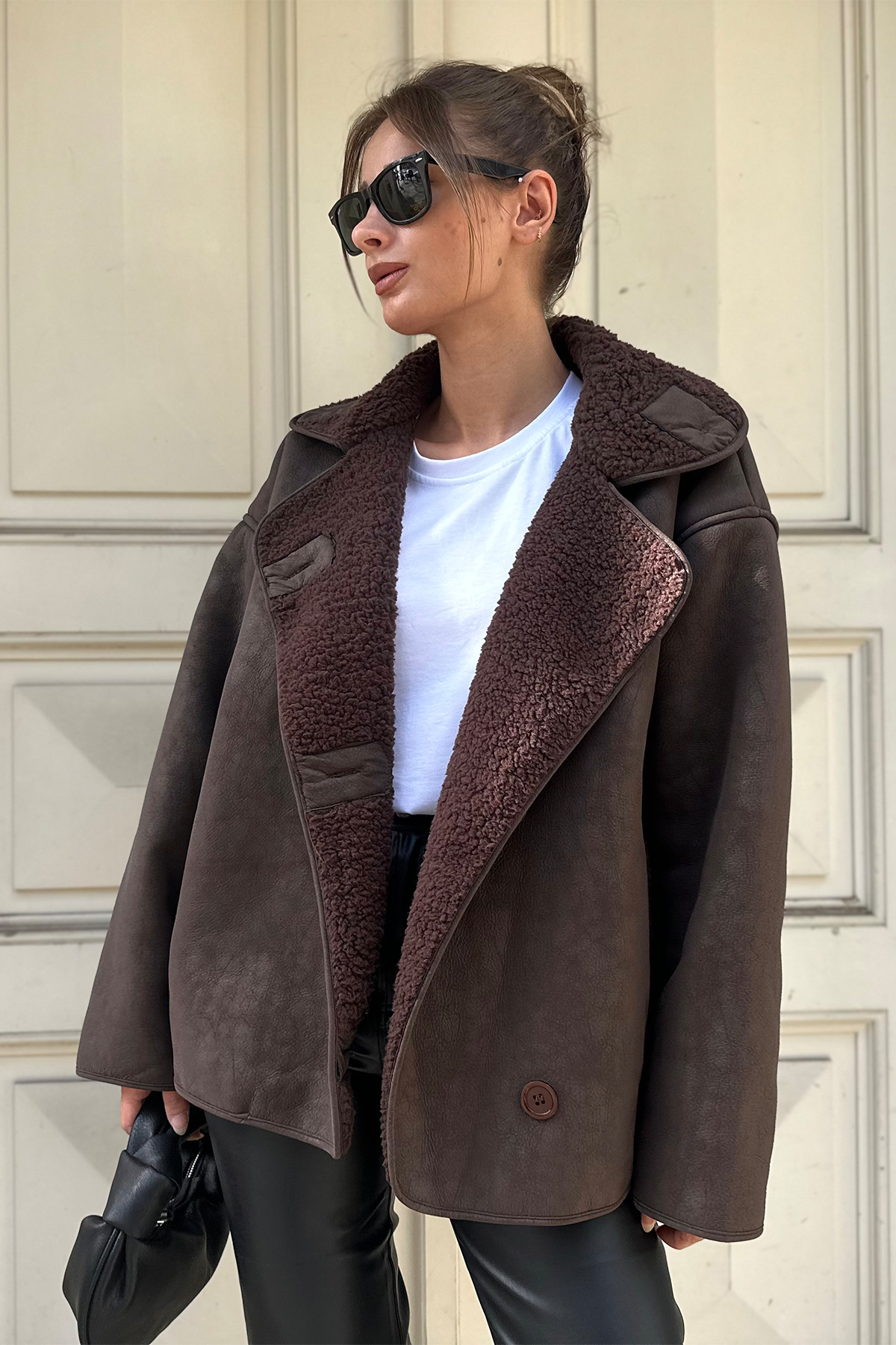 NET OF NOT  Else Acı Kahve Dokulu Süet Içi Peluşlu Oversize Zr Model Mont - Görsel 4