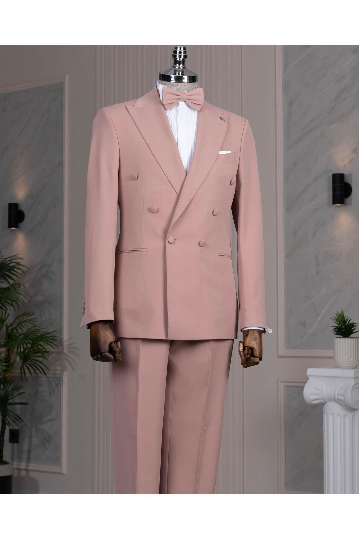 İtalyan stil kruvaze ceket pantolon takım elbise pembe T14198 — صورتی