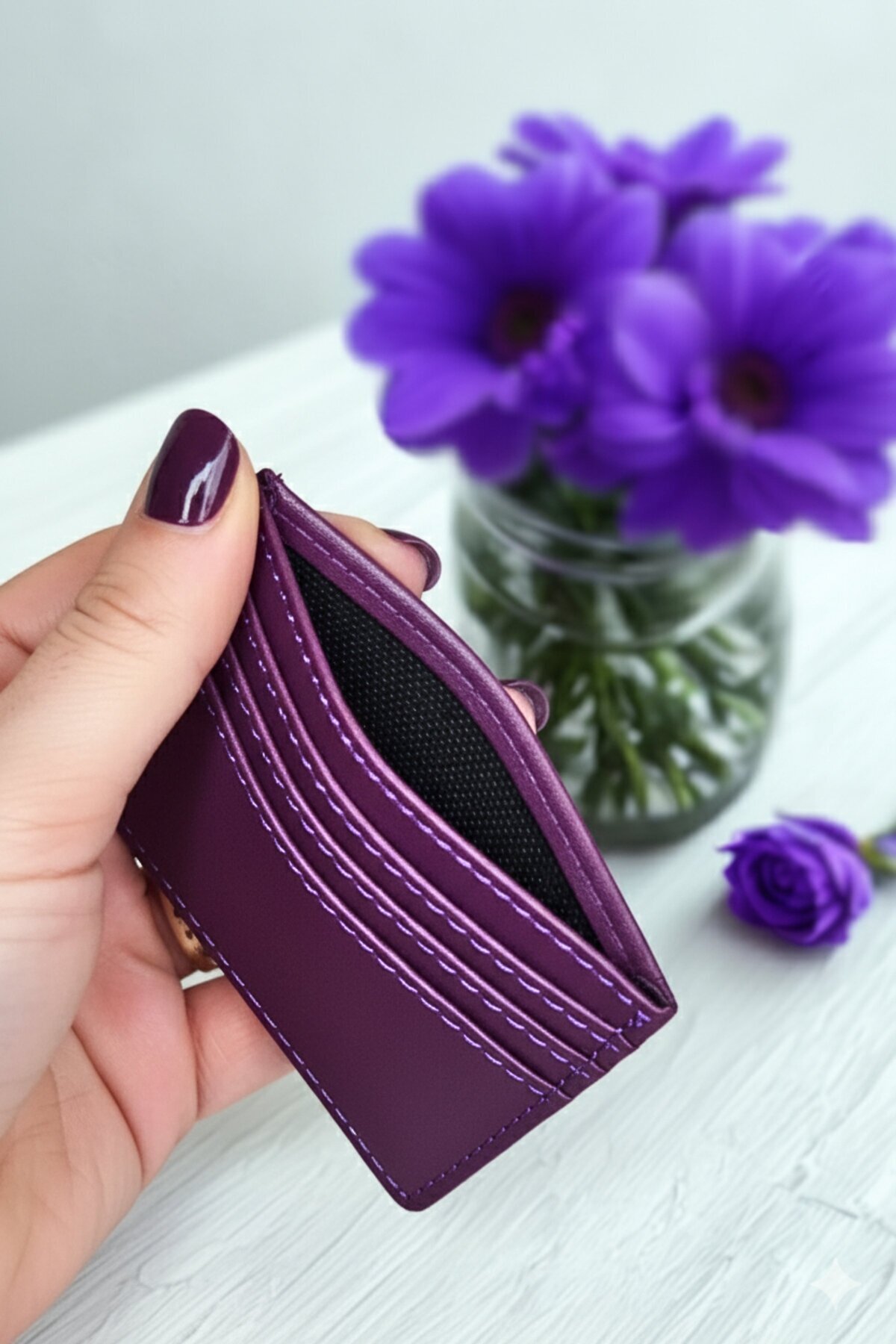 VANİLLA COLLECTİON Unisex Mini Ve İnce Deri Dizme Kartlık Portföy Mürdüm görsel 4