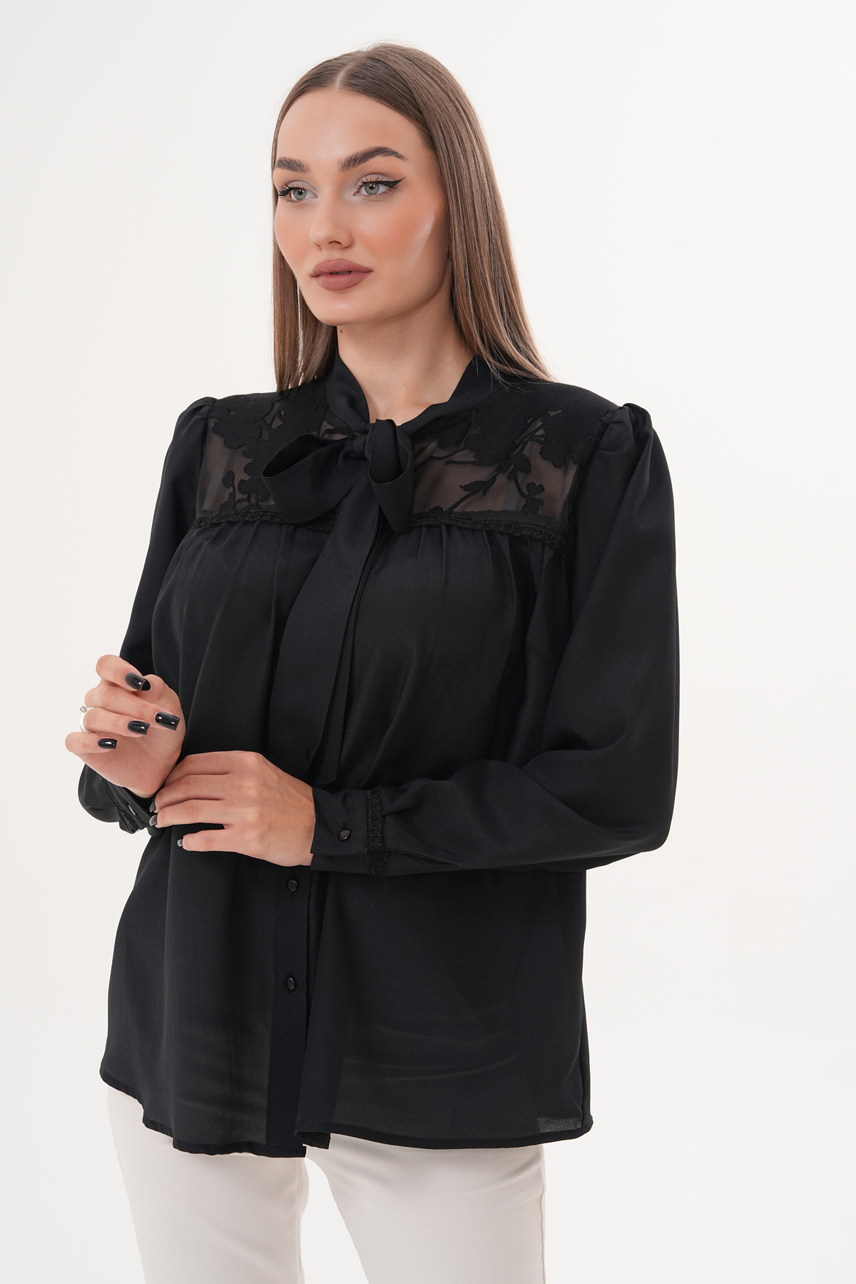 Loom Boutique Büyük Beden Robası Devore Kravat Yaka Gömlek