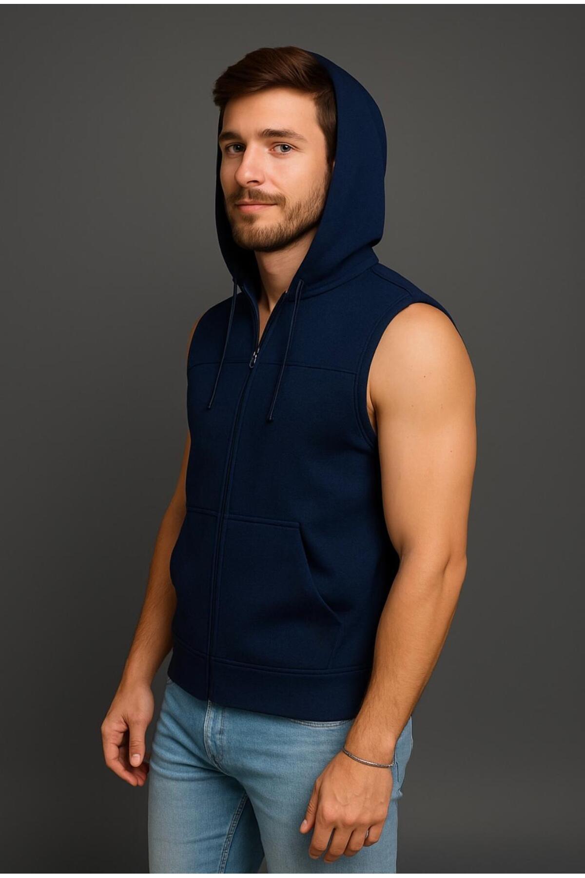 AXXEL Erkek Lacivert Fermuarlı Kapüşonlu Kanguru Cepli Kolsuz İnterlok Yelek-Y1142