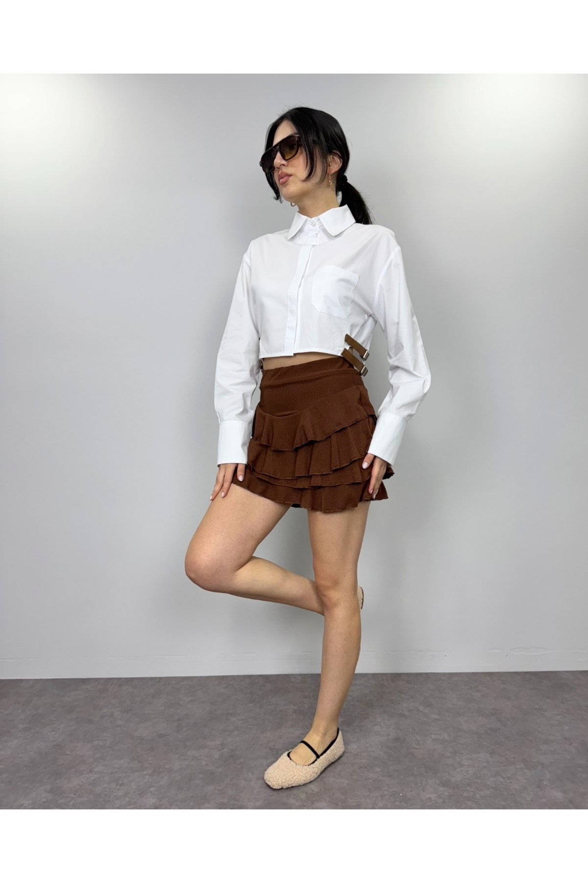 Kadın Beyaz Poplin Kemer Detaylı Crop Gömlek
