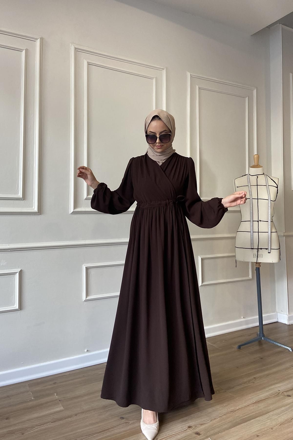 Internal and External Binding Detailed Poured Anti-Wrinkle Crepe Hürrem Dress Abaya Bitter Coffee