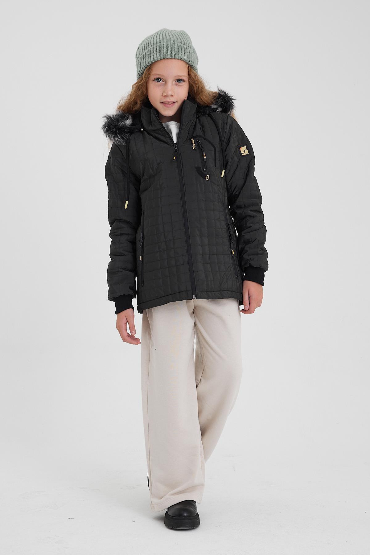 Yeşil Su ve Rüzgar Geçirmez Çıkartılabilir Kapüşonlu Kız Çocuk Mont & Kaban görsel 2